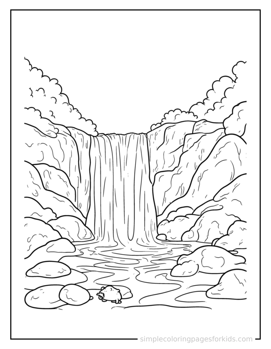 Cascading Waterfall Cascading Down Rocks Coloring Page