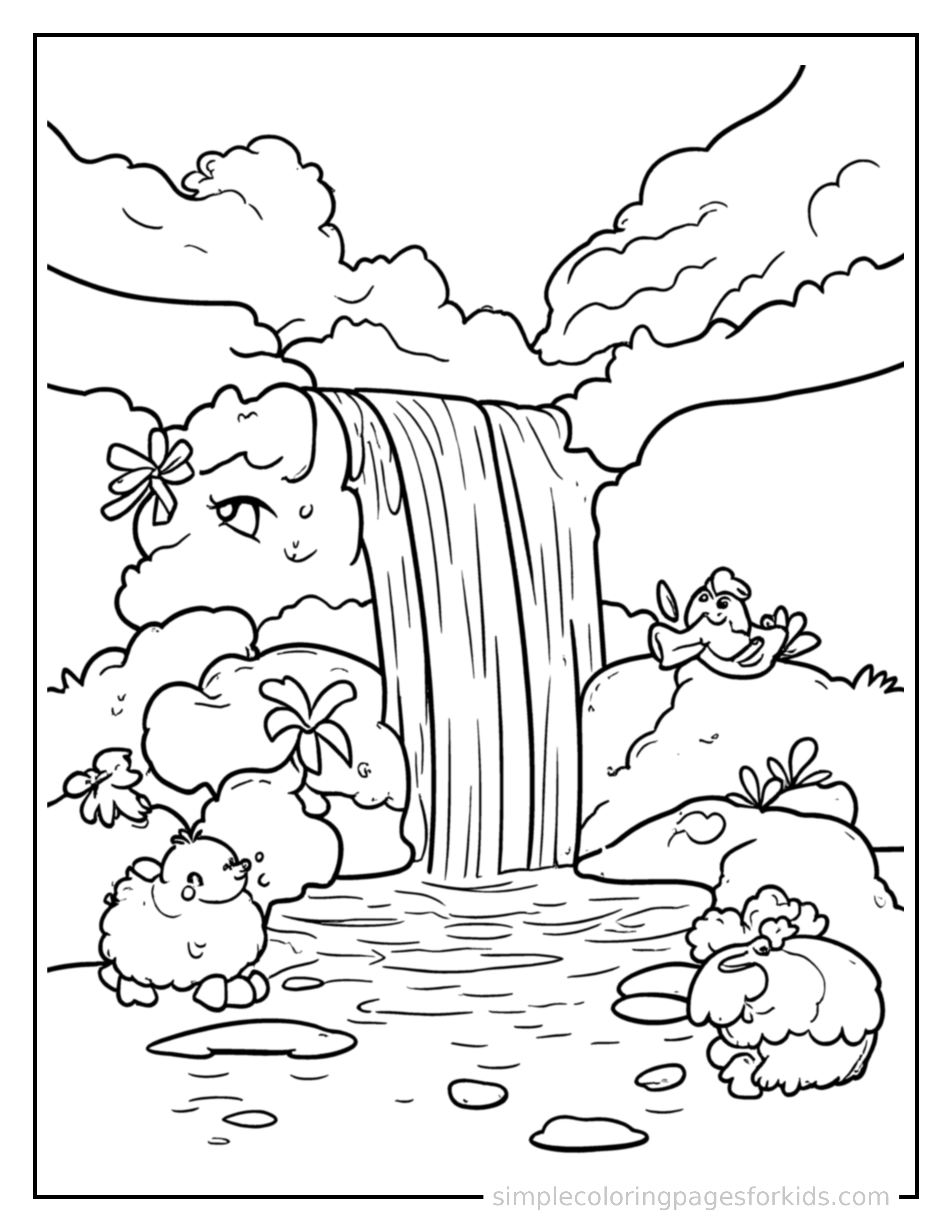 Free printable waterfall cascading down rocks coloring page featuring a cute waterfall cascading down rocks, decorated with a simple bow or ribbon for a festive touch.