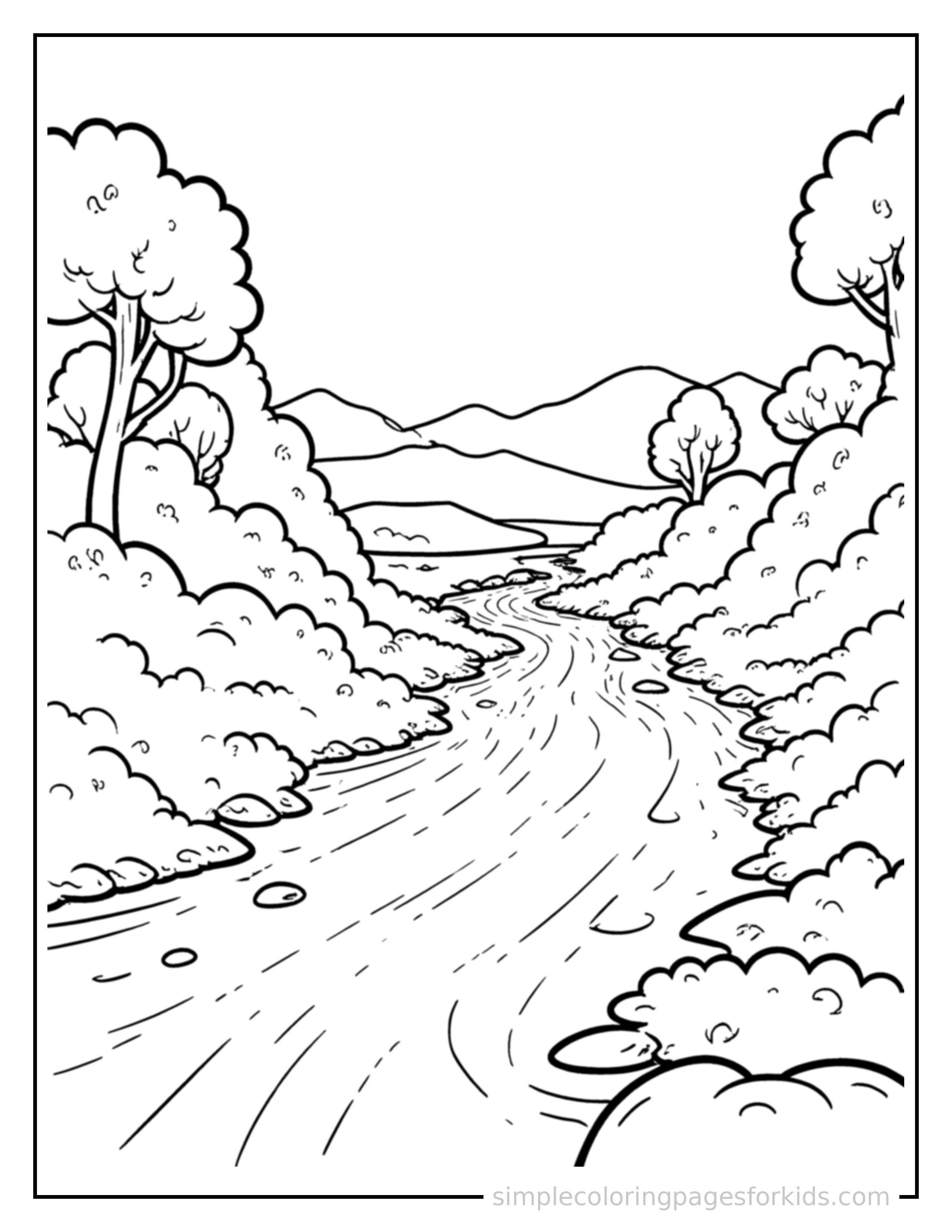 Free printable winding river coloring page featuring a cute winding river, shown as a simple central illustration with a cute smiling face.