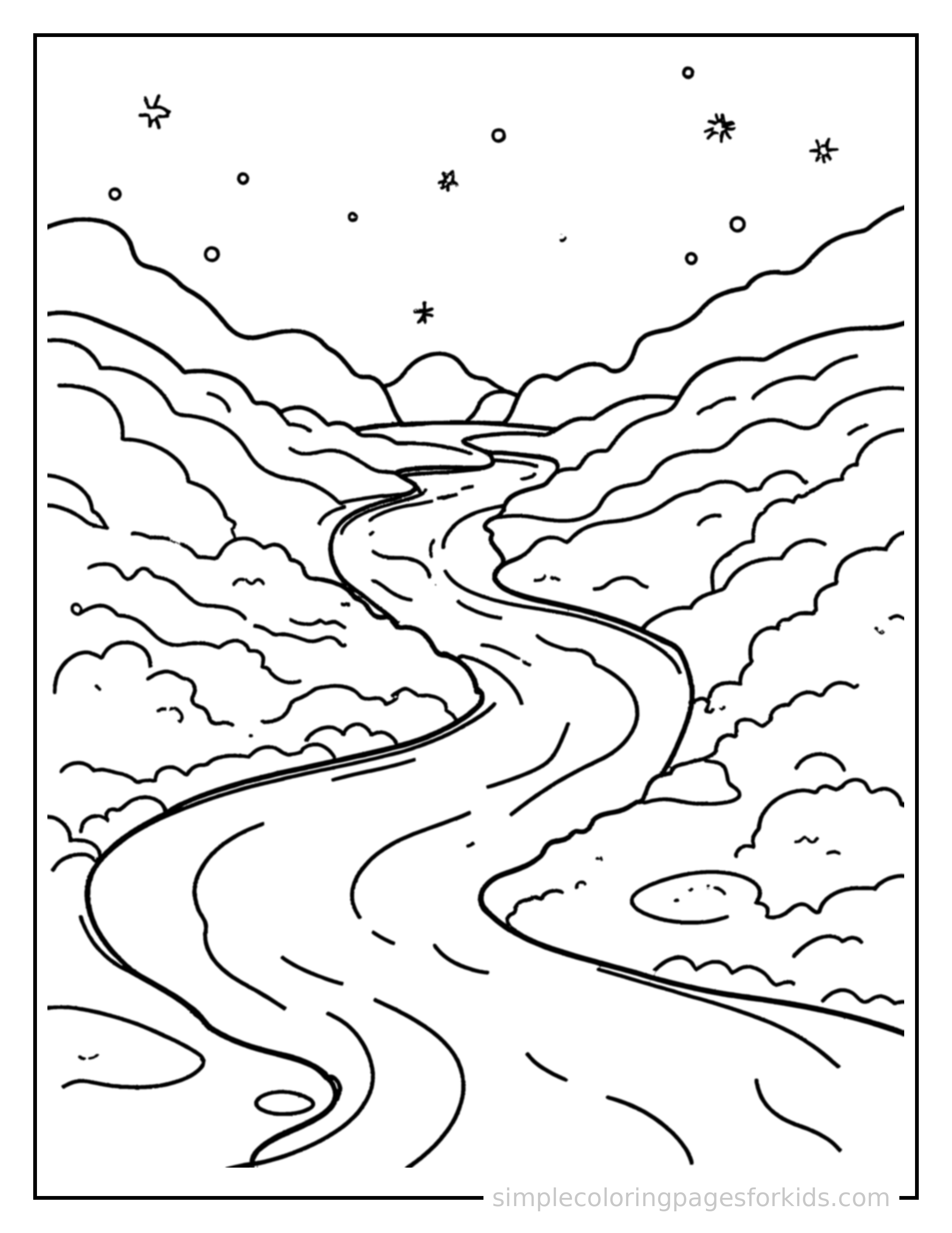 Free printable winding river coloring page featuring a cute winding river, shown from a slightly different angle with small decorative sparkle marks nearby.