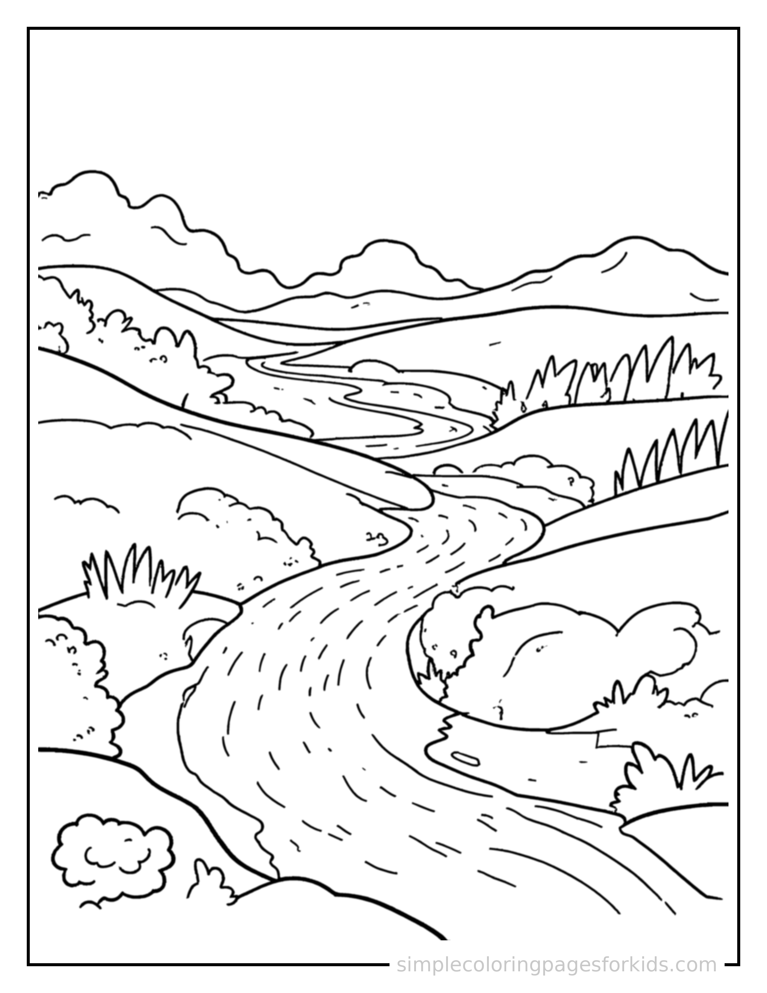 Free printable winding river coloring page featuring a cute winding river, shown with a smaller mini version of itself beside it.
