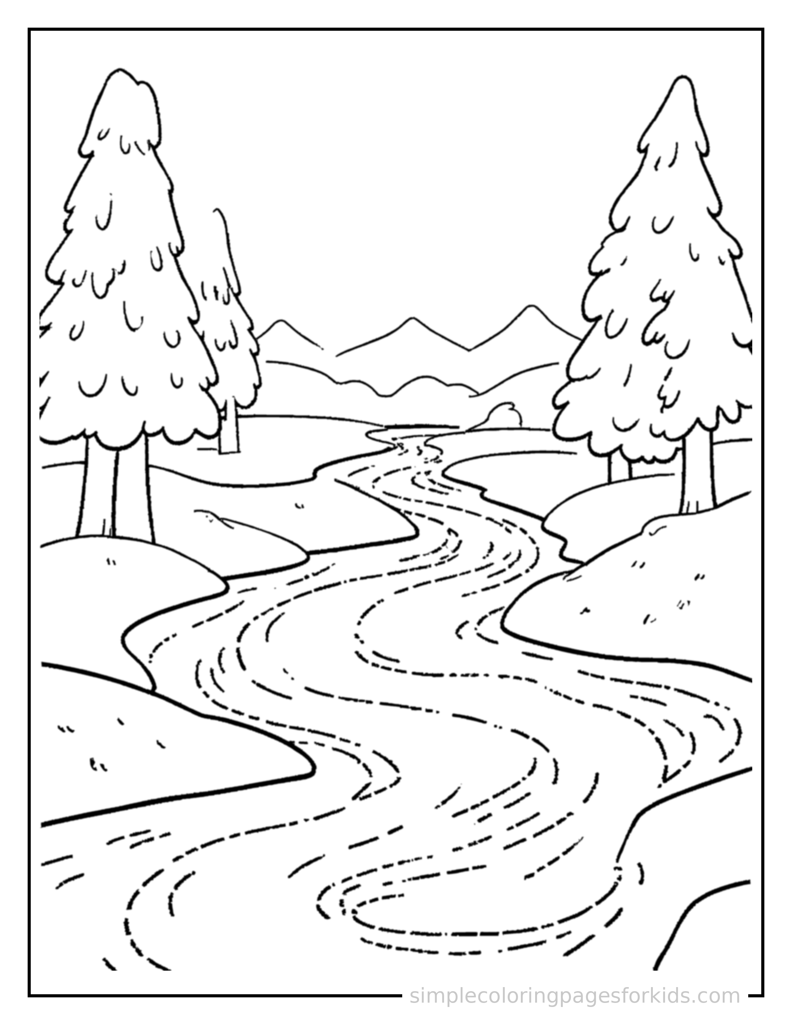 Free printable winding river coloring page featuring a cute winding river, decorated with a simple bow or ribbon for a festive touch.