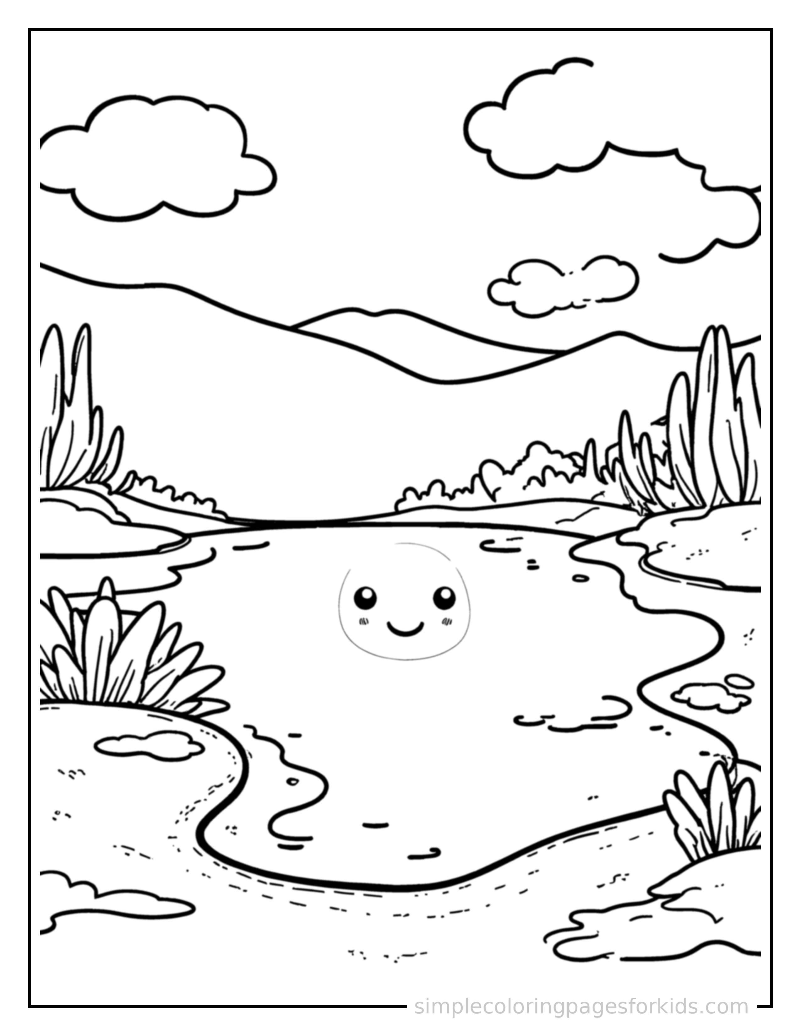 Free printable calm lake coloring page featuring a cute calm lake, shown as a simple central illustration with a cute smiling face.