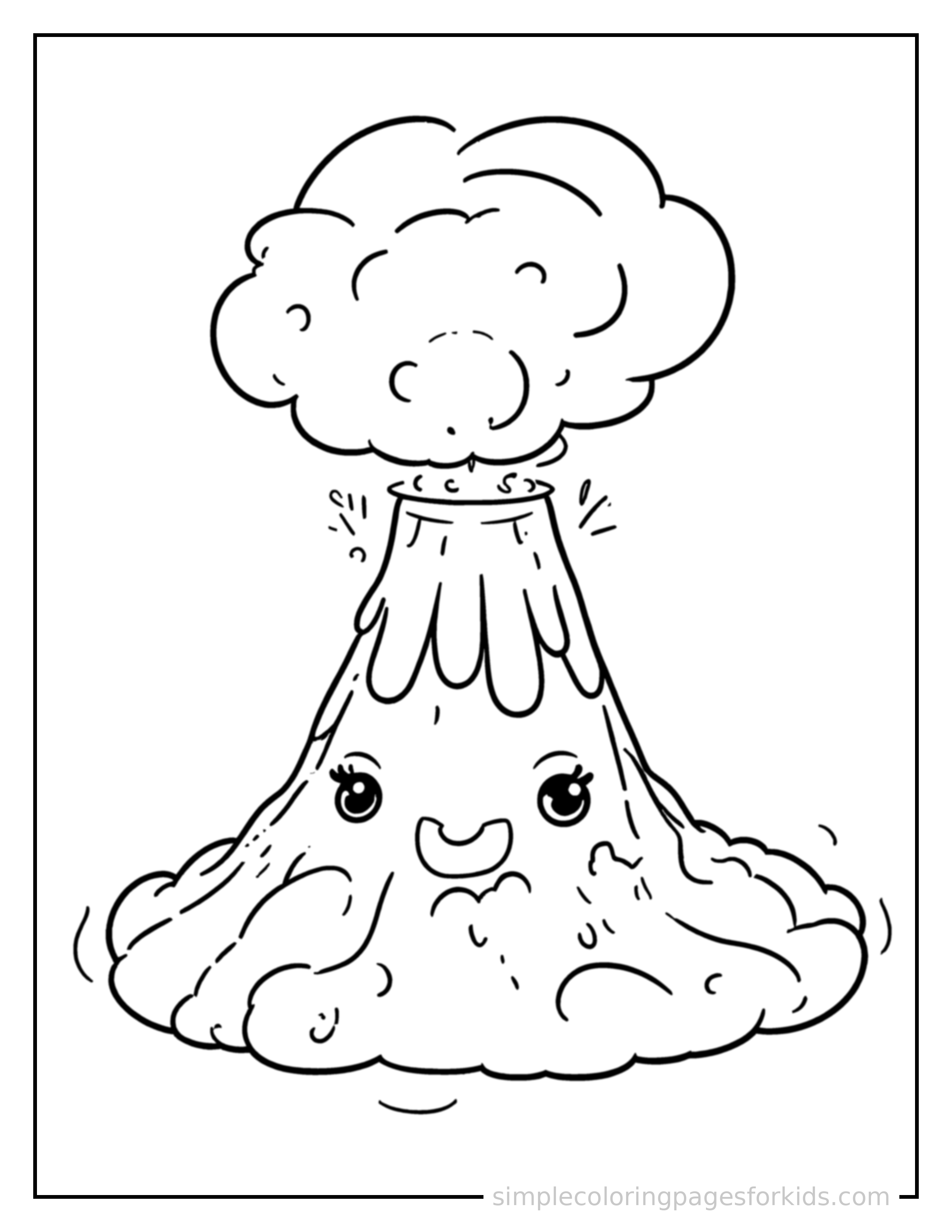 Free printable erupting volcano coloring page featuring a cute erupting volcano, shown as a simple central illustration with a cute smiling face.