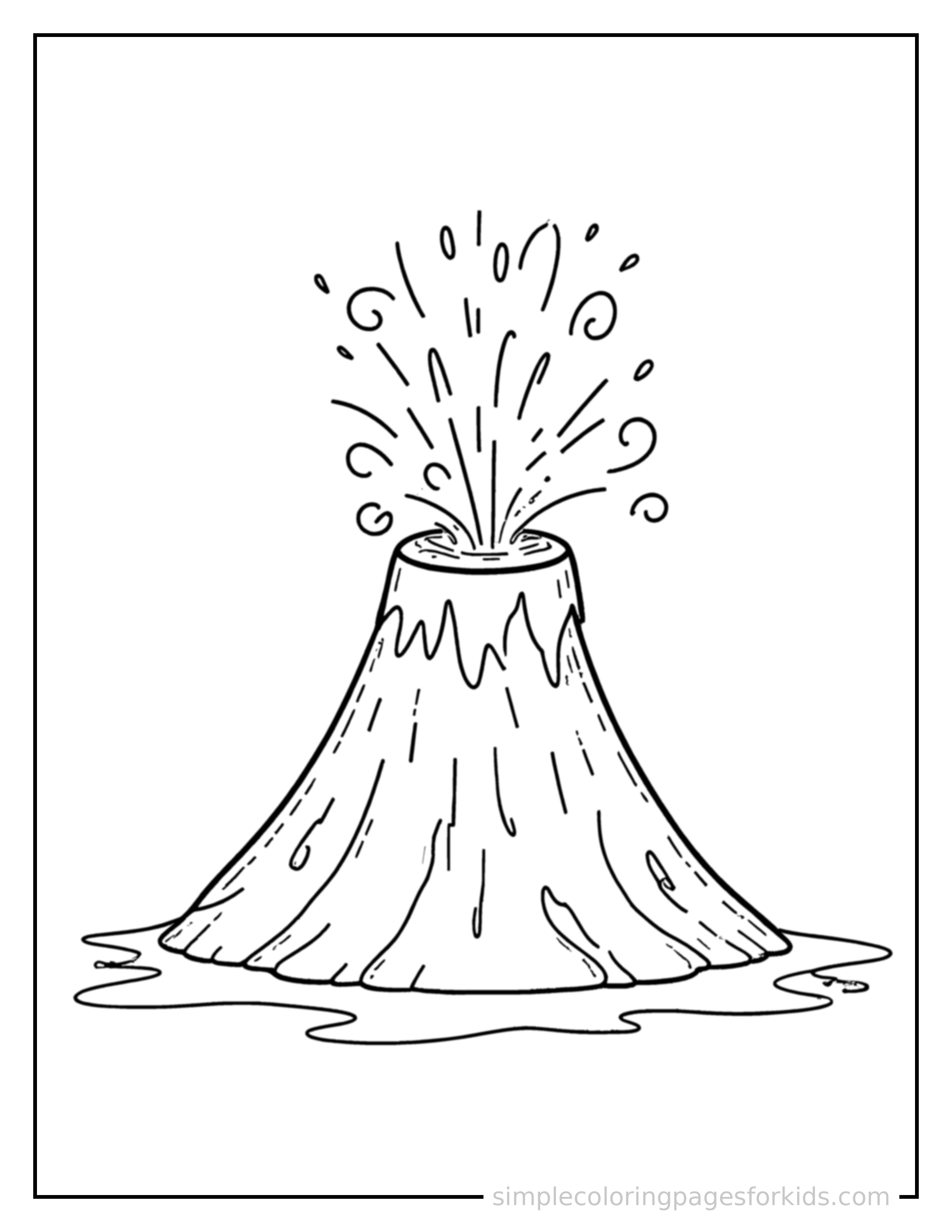 Free printable erupting volcano coloring page featuring a cute erupting volcano, shown from a slightly different angle with small decorative sparkle marks nearby.