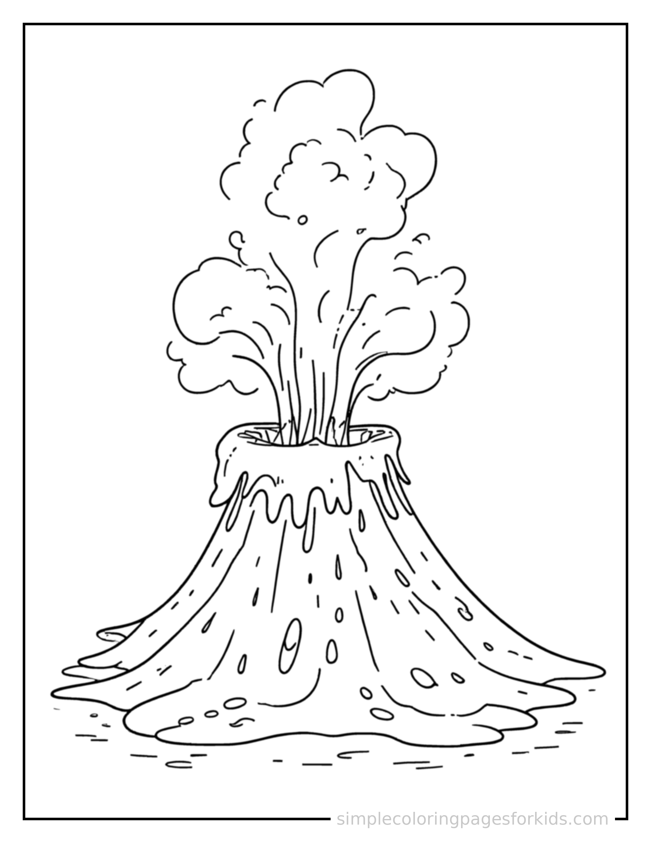 Free printable erupting volcano coloring page featuring a cute erupting volcano, shown with a smaller mini version of itself beside it.
