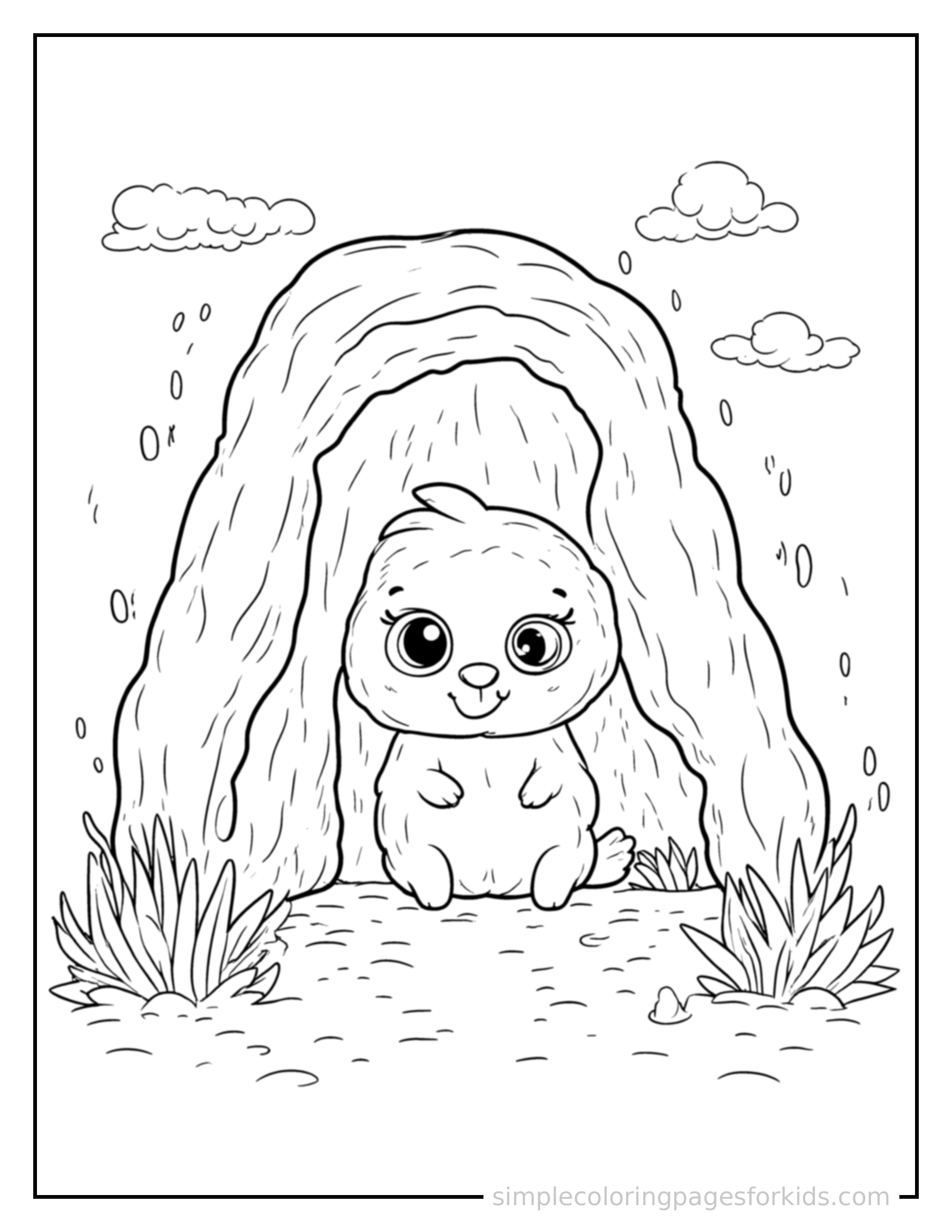 Free printable mysterious cave coloring page featuring a cute mysterious cave, shown as a simple central illustration with a cute smiling face.