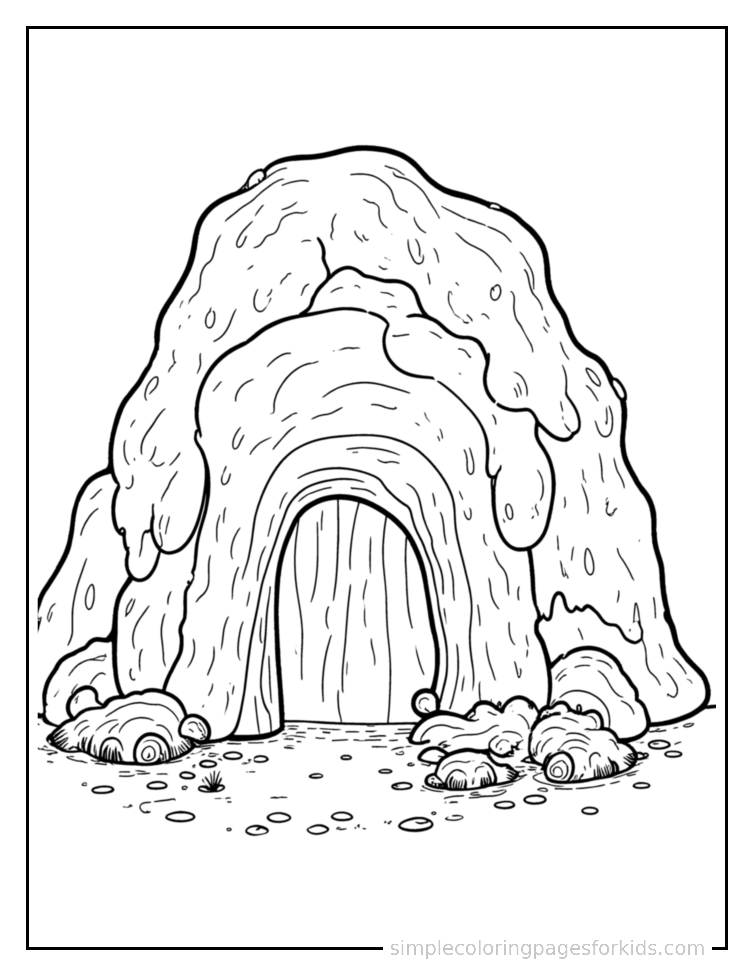 Free printable mysterious cave coloring page featuring a cute mysterious cave, shown with a smaller mini version of itself beside it.