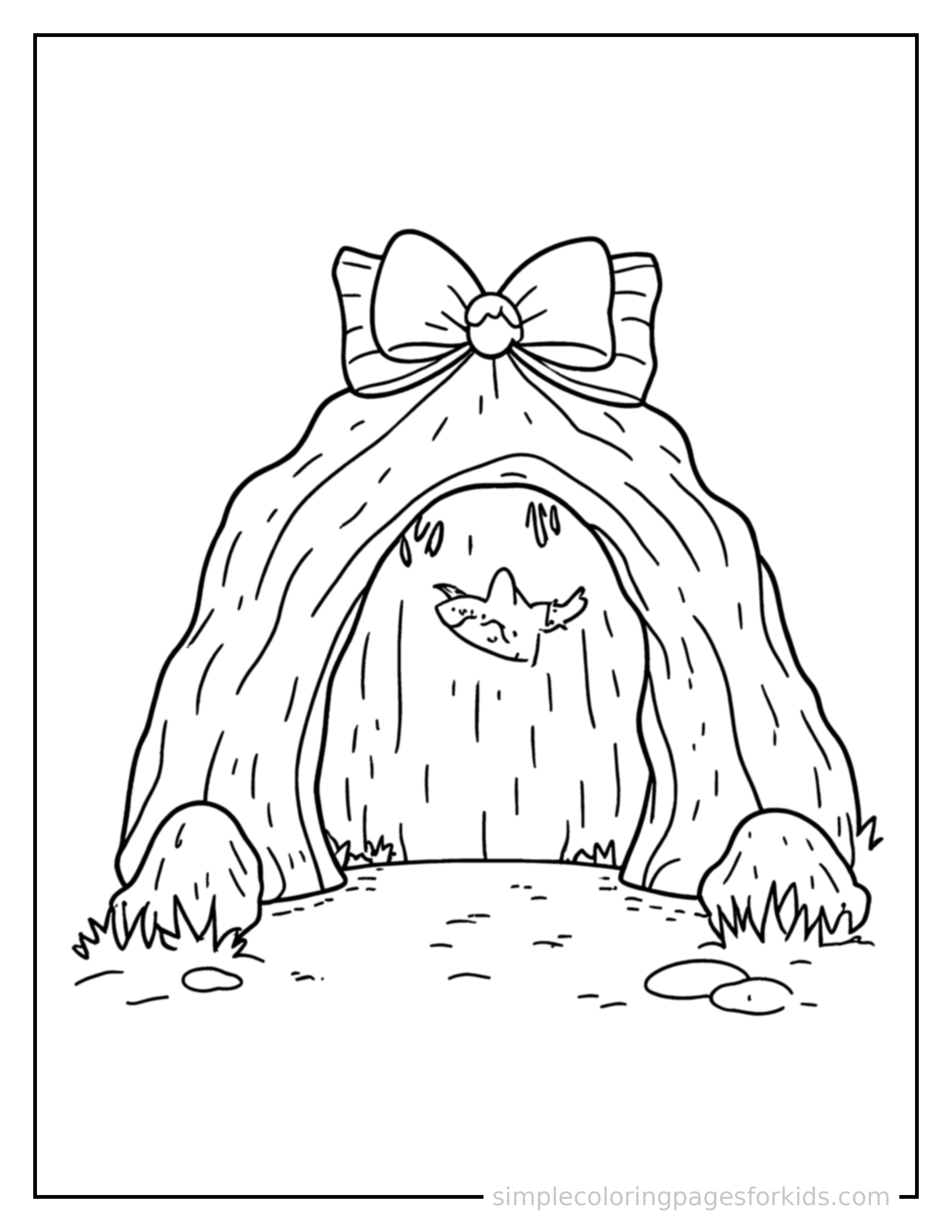 Free printable mysterious cave coloring page featuring a cute mysterious cave, decorated with a simple bow or ribbon for a festive touch.
