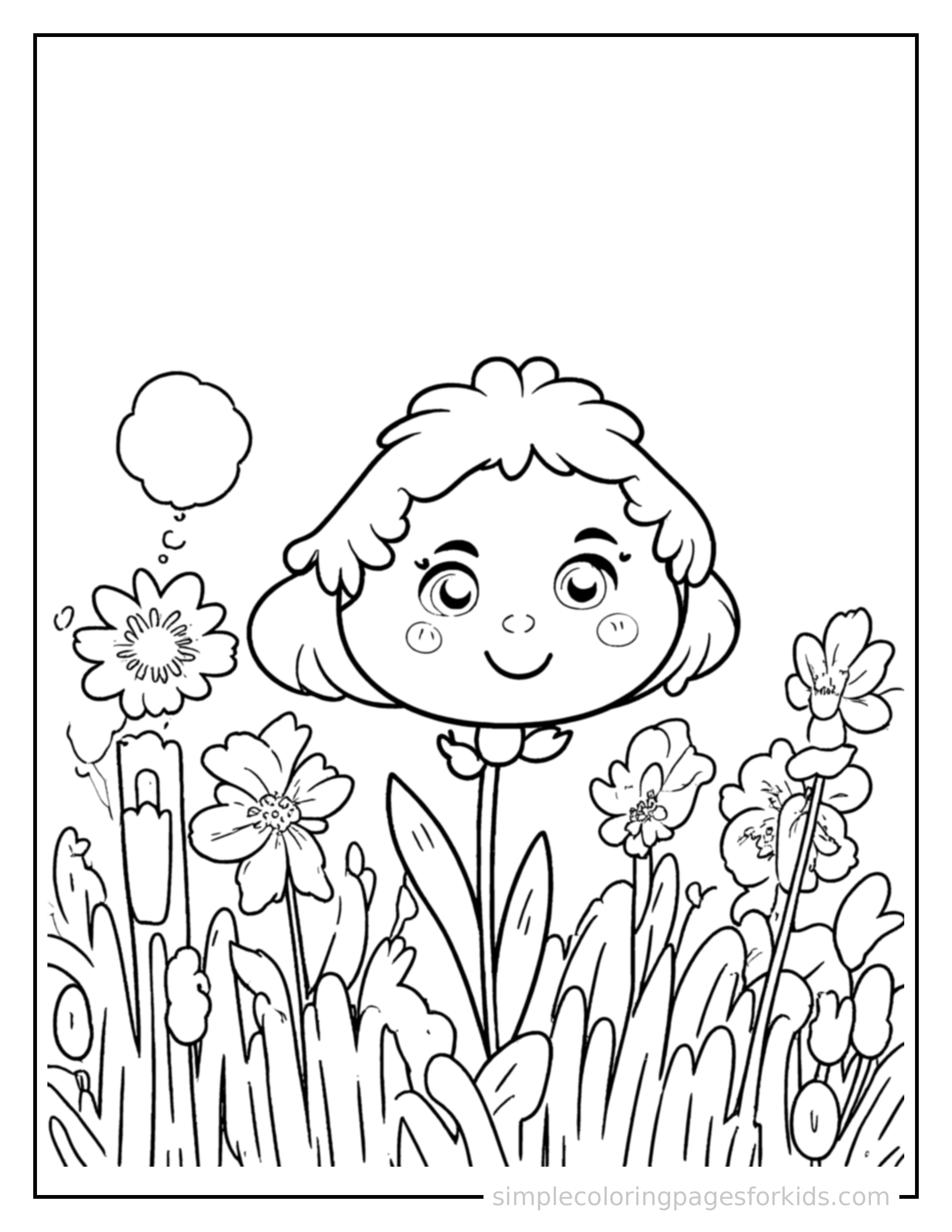 Free printable flower meadow coloring page featuring a cute flower meadow, shown as a simple central illustration with a cute smiling face.