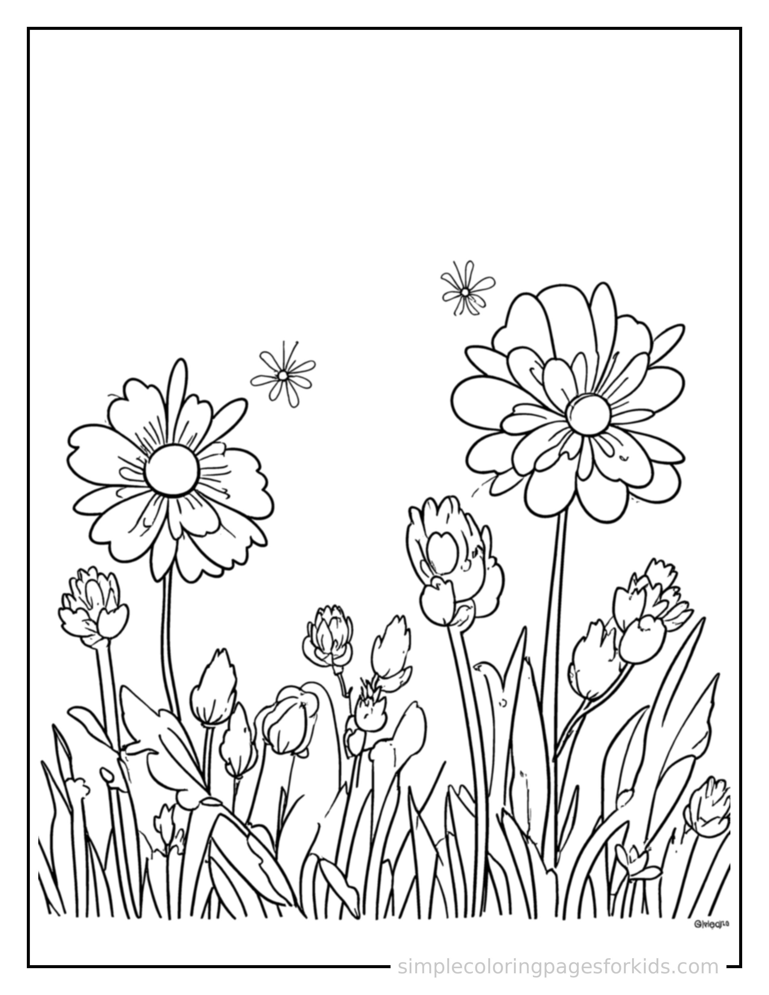 Free printable flower meadow coloring page featuring a cute flower meadow, shown from a slightly different angle with small decorative sparkle marks nearby.