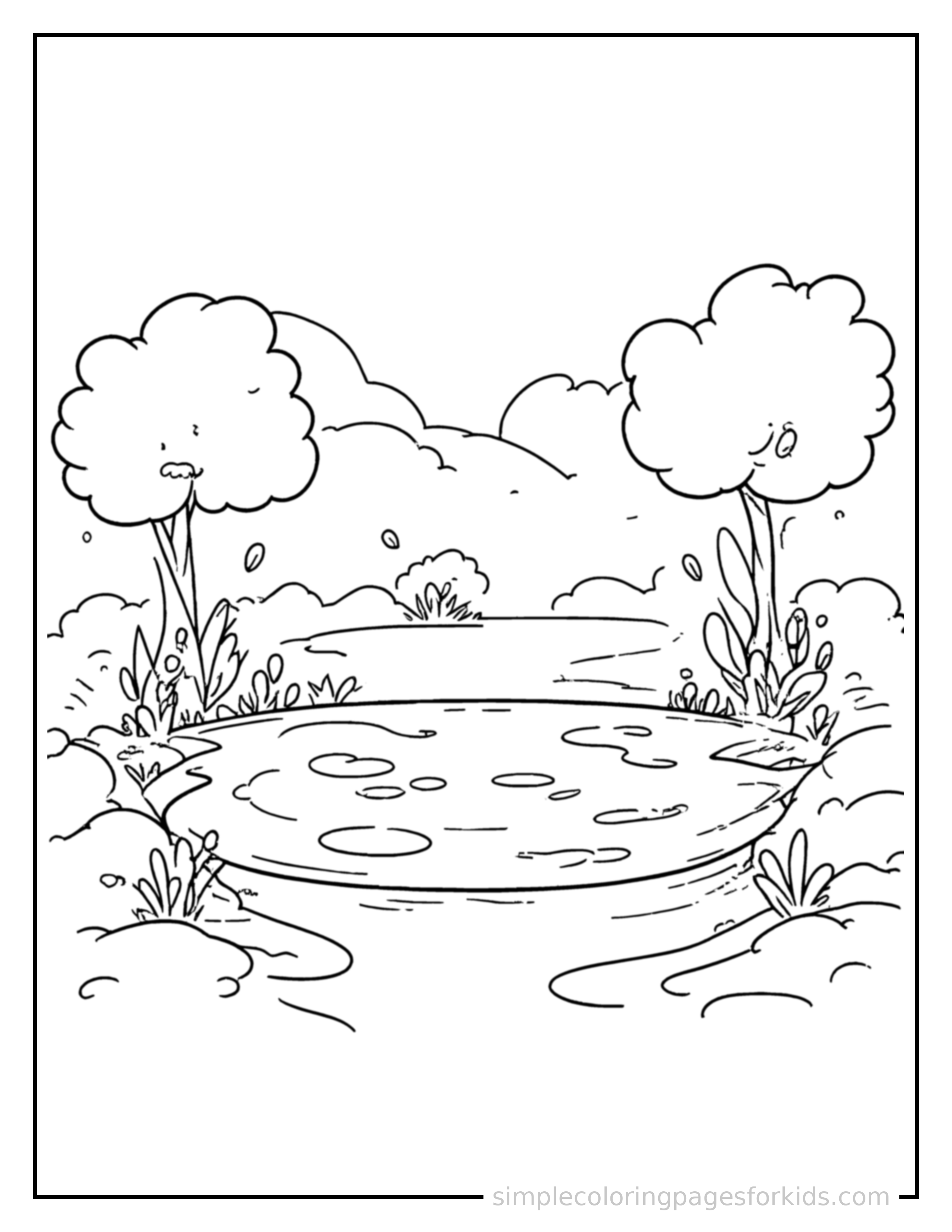 Free printable quiet pond coloring page featuring a cute quiet pond, shown as a simple central illustration with a cute smiling face.