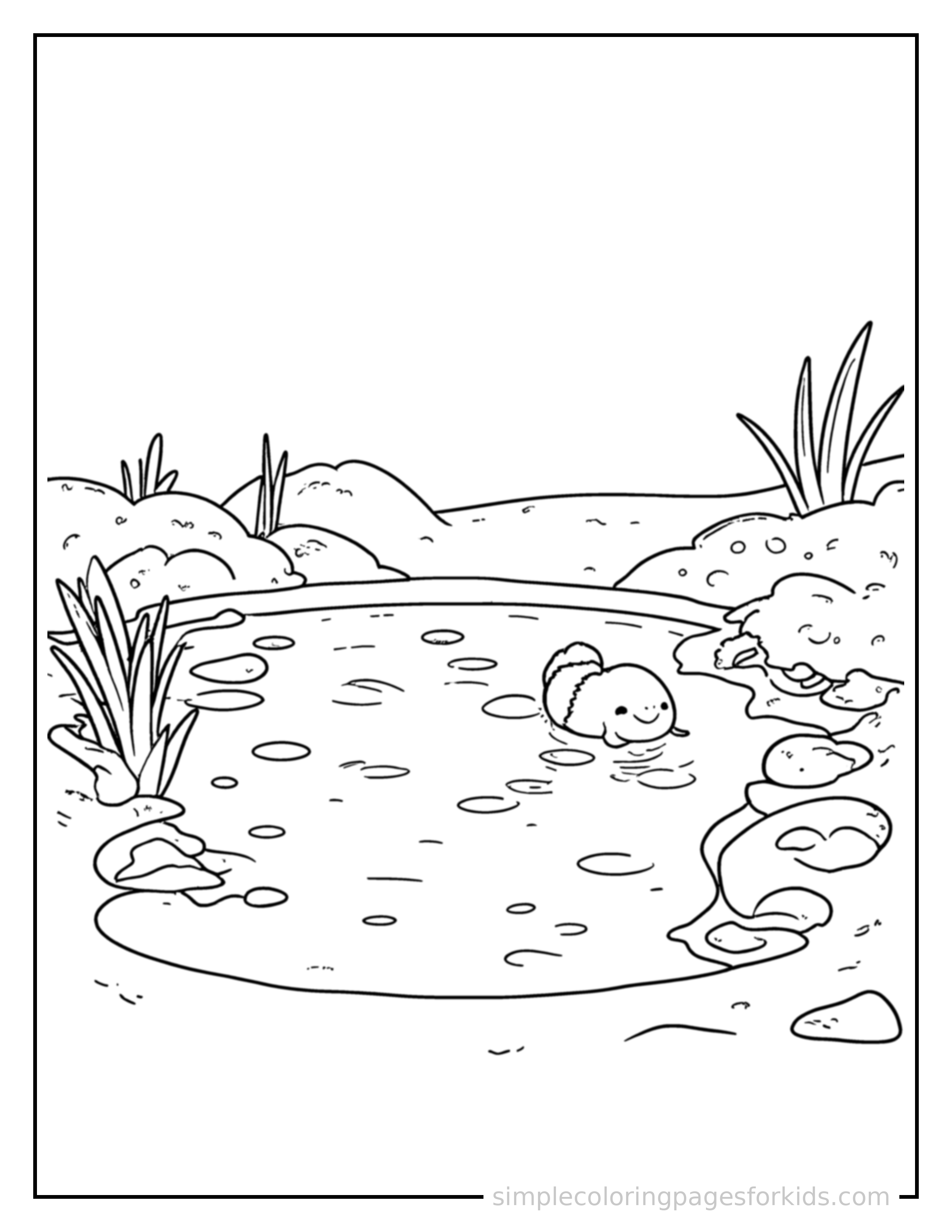 Free printable quiet pond coloring page featuring a cute quiet pond, shown from a slightly different angle with small decorative sparkle marks nearby.