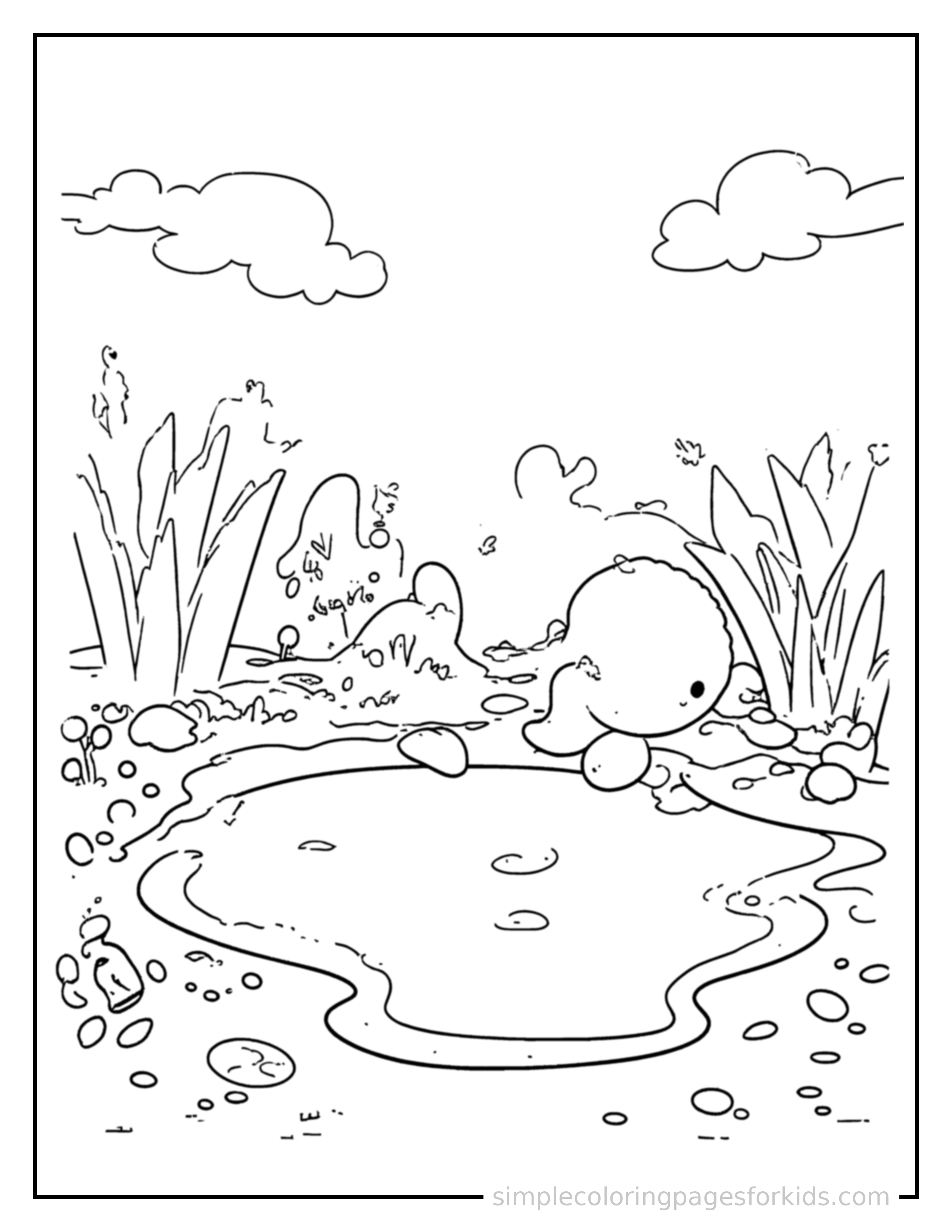 Free printable quiet pond coloring page featuring a cute quiet pond, shown with a smaller mini version of itself beside it.