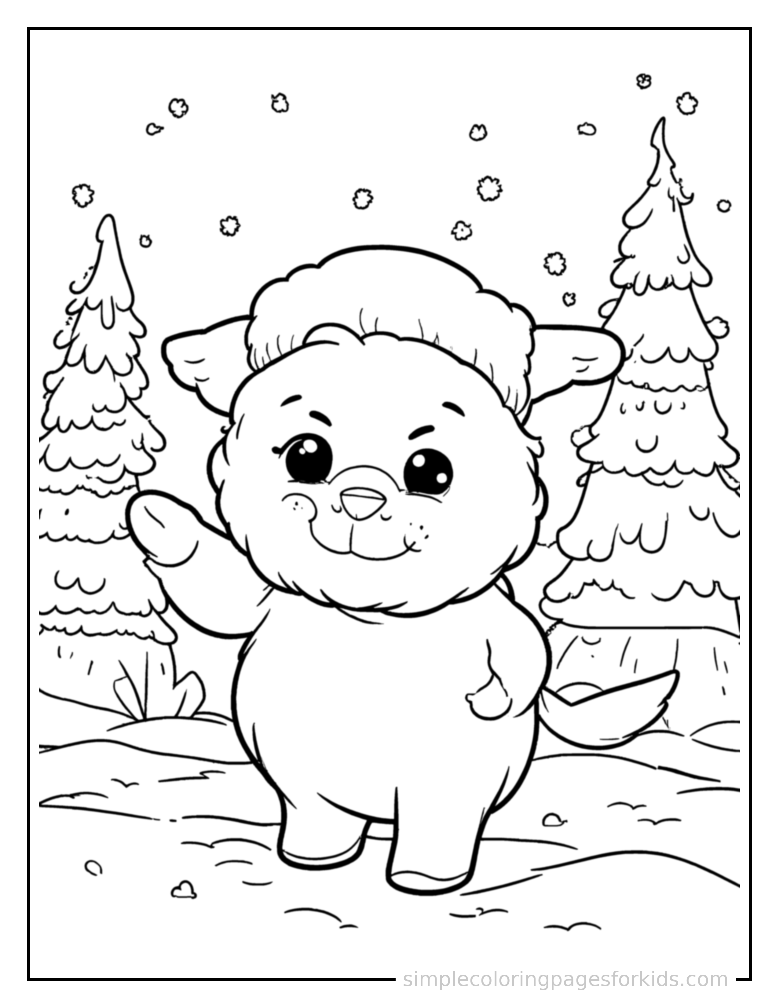 Free printable snowy landscape coloring page featuring a cute snowy landscape, shown as a simple central illustration with a cute smiling face.