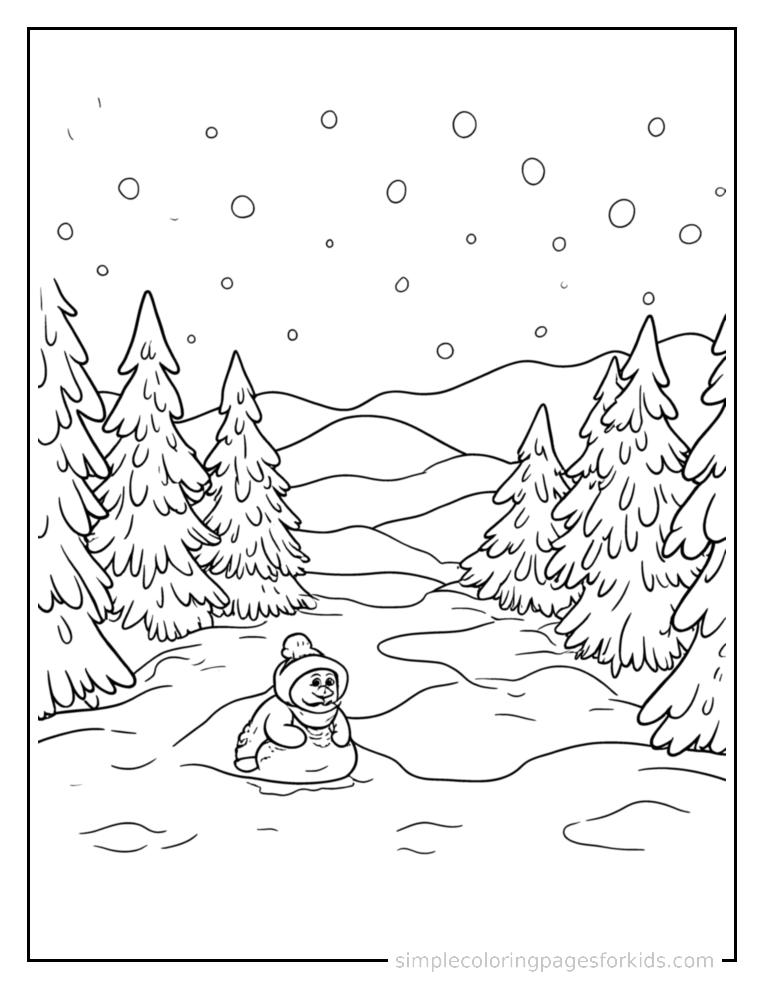 Free printable snowy landscape coloring page featuring a cute snowy landscape, shown with a smaller mini version of itself beside it.