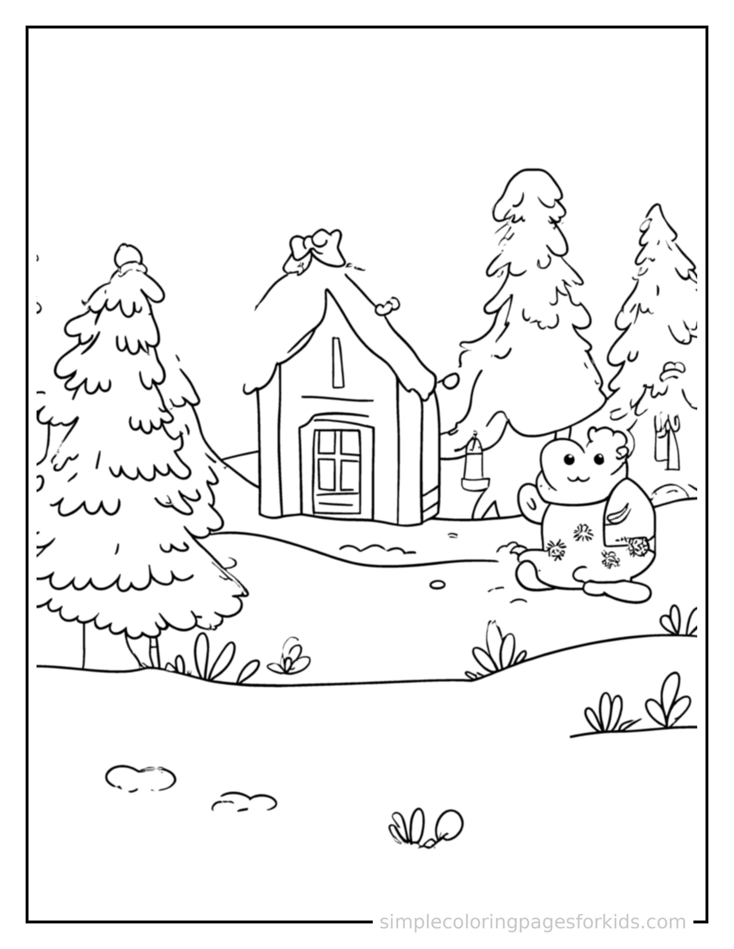 Free printable snowy landscape coloring page featuring a cute snowy landscape, decorated with a simple bow or ribbon for a festive touch.