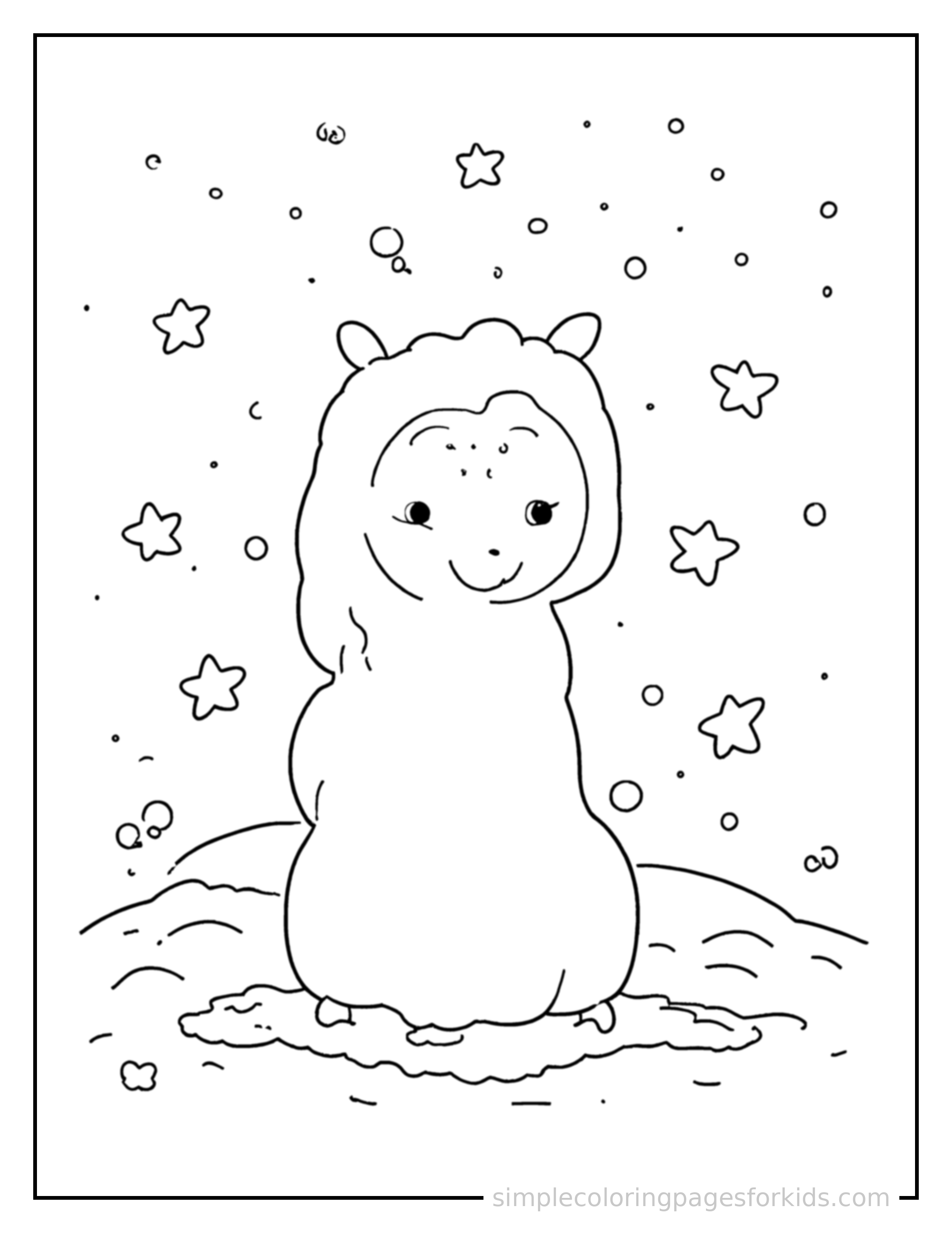 Free printable starry night sky coloring page featuring a cute starry night sky, shown as a simple central illustration with a cute smiling face.