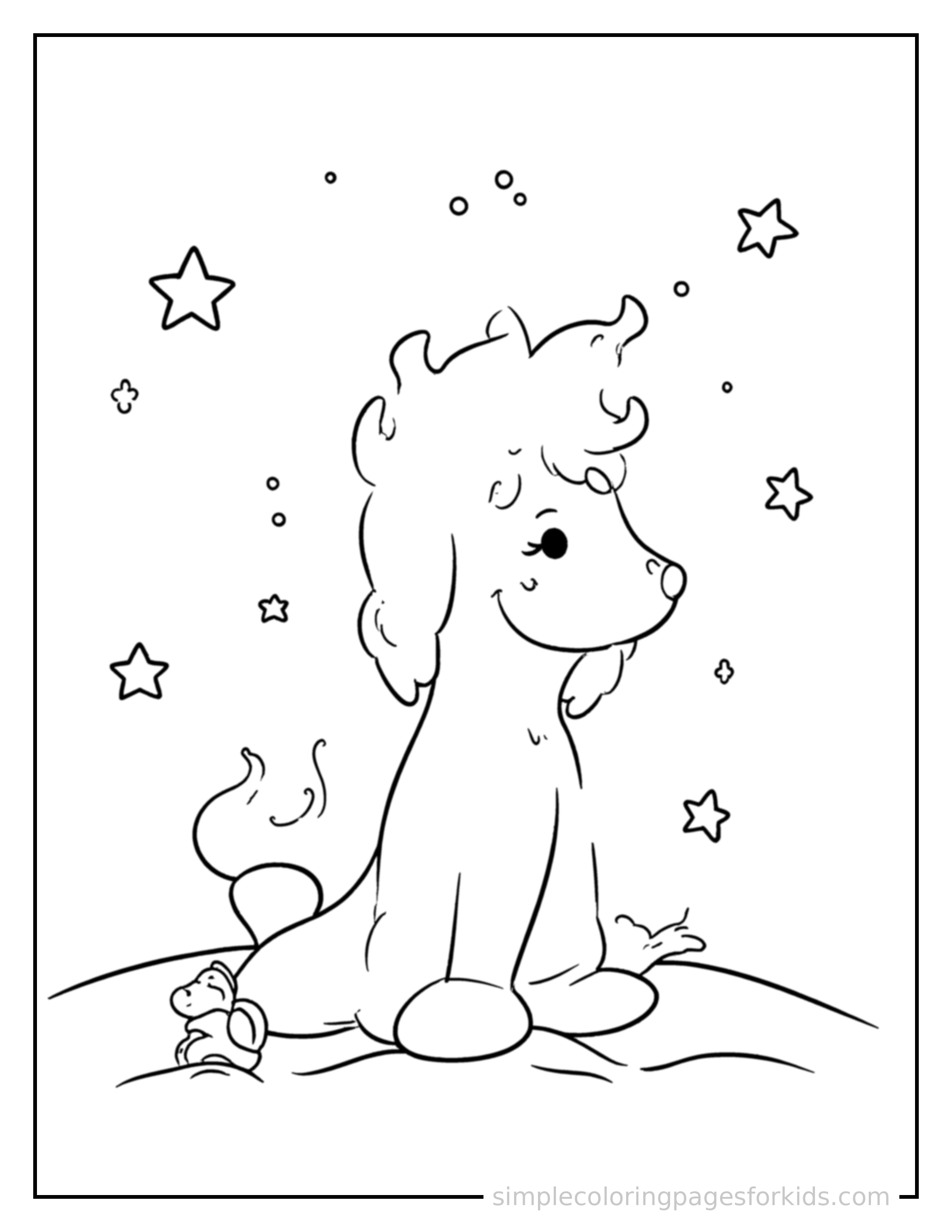 Free printable starry night sky coloring page featuring a cute starry night sky, shown from a slightly different angle with small decorative sparkle marks nearby.