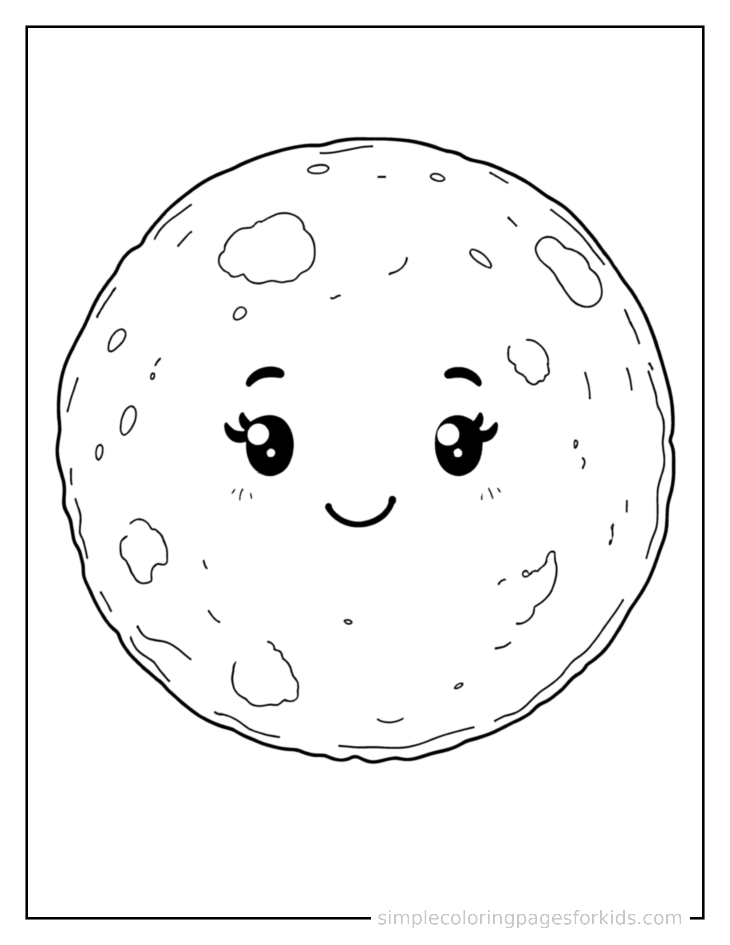 Free printable moon showing its phases coloring page featuring a cute moon showing its phases, shown as a simple central illustration with a cute smiling face.