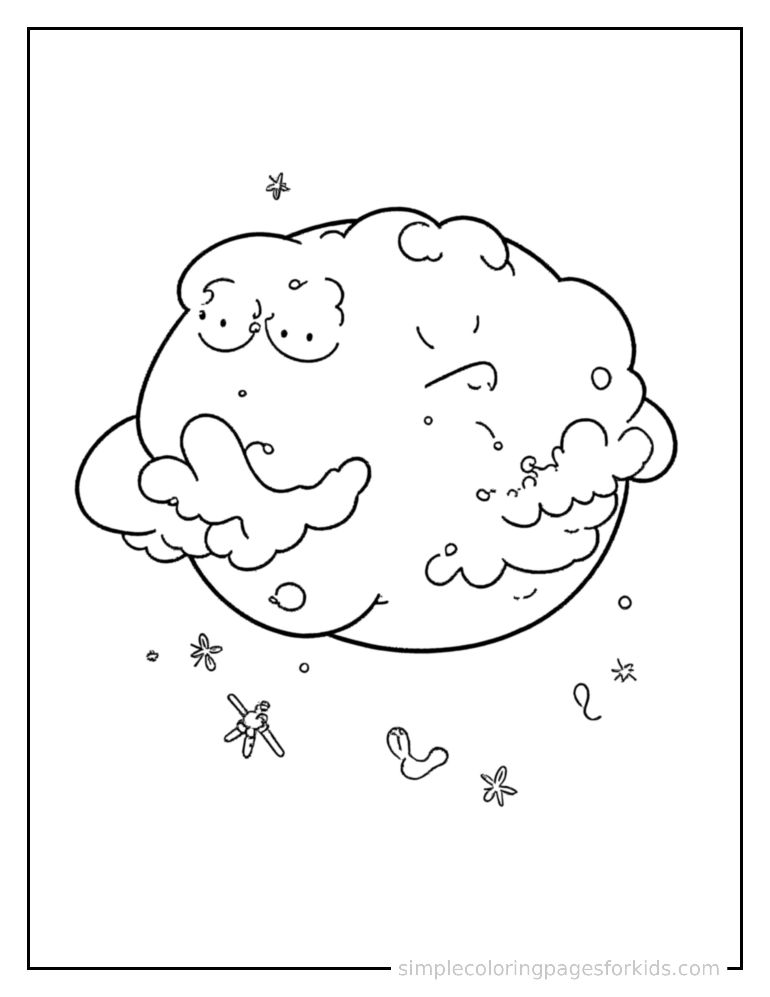 Free printable moon showing its phases coloring page featuring a cute moon showing its phases, shown from a slightly different angle with small decorative sparkle marks nearby.