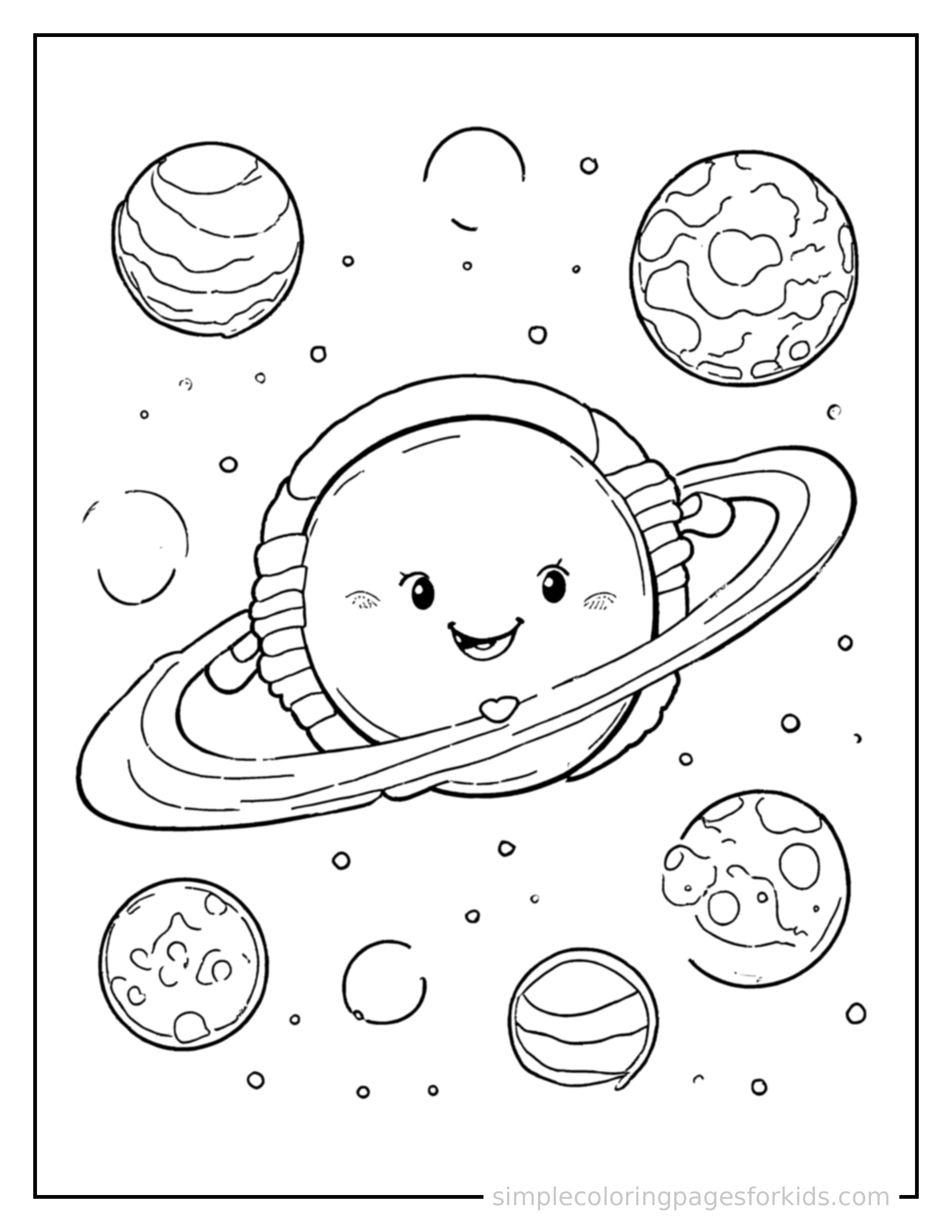 Free printable solar system with planets coloring page featuring a cute solar system with planets, shown as a simple central illustration with a cute smiling face.