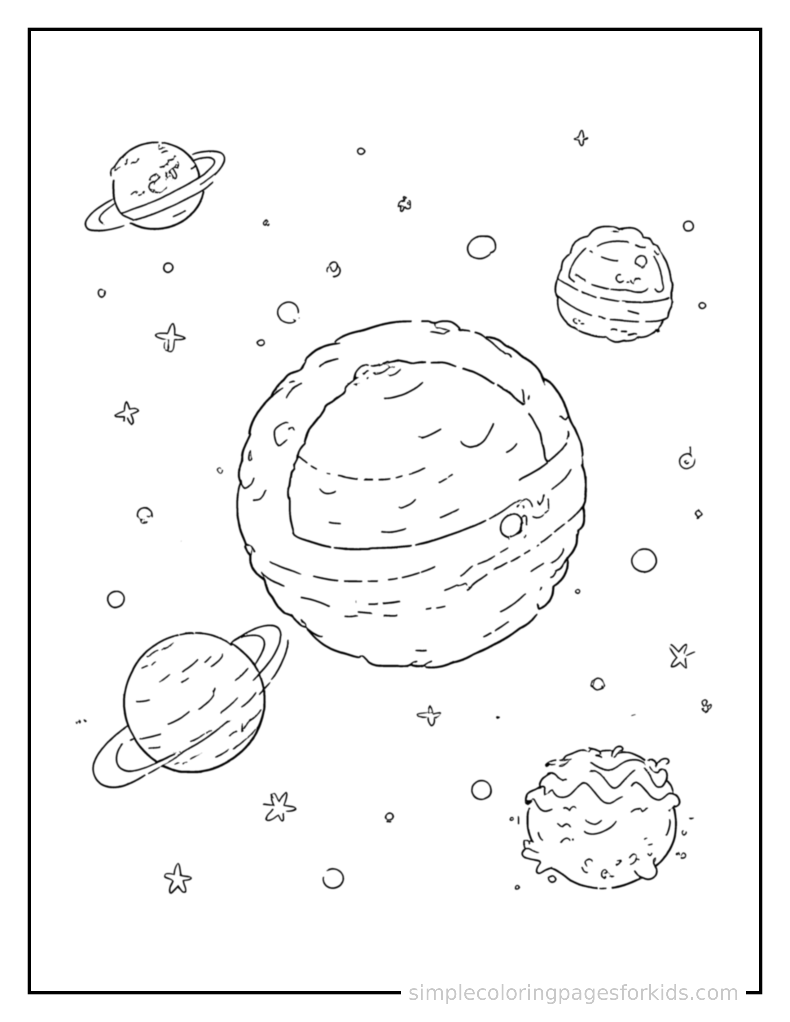 Free printable solar system with planets coloring page featuring a cute solar system with planets, shown from a slightly different angle with small decorative sparkle marks nearby.