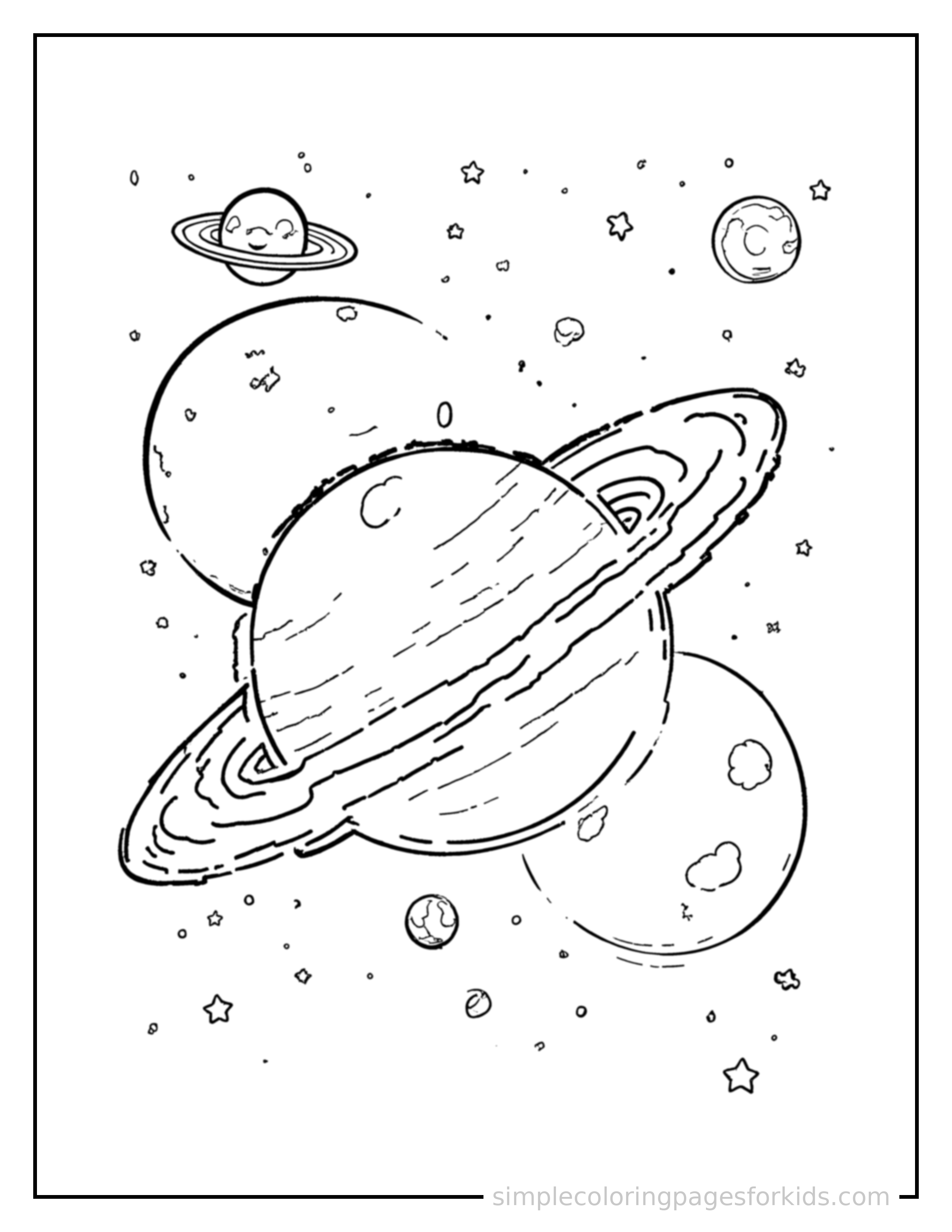 Free printable solar system with planets coloring page featuring a cute solar system with planets, shown with a smaller mini version of itself beside it.