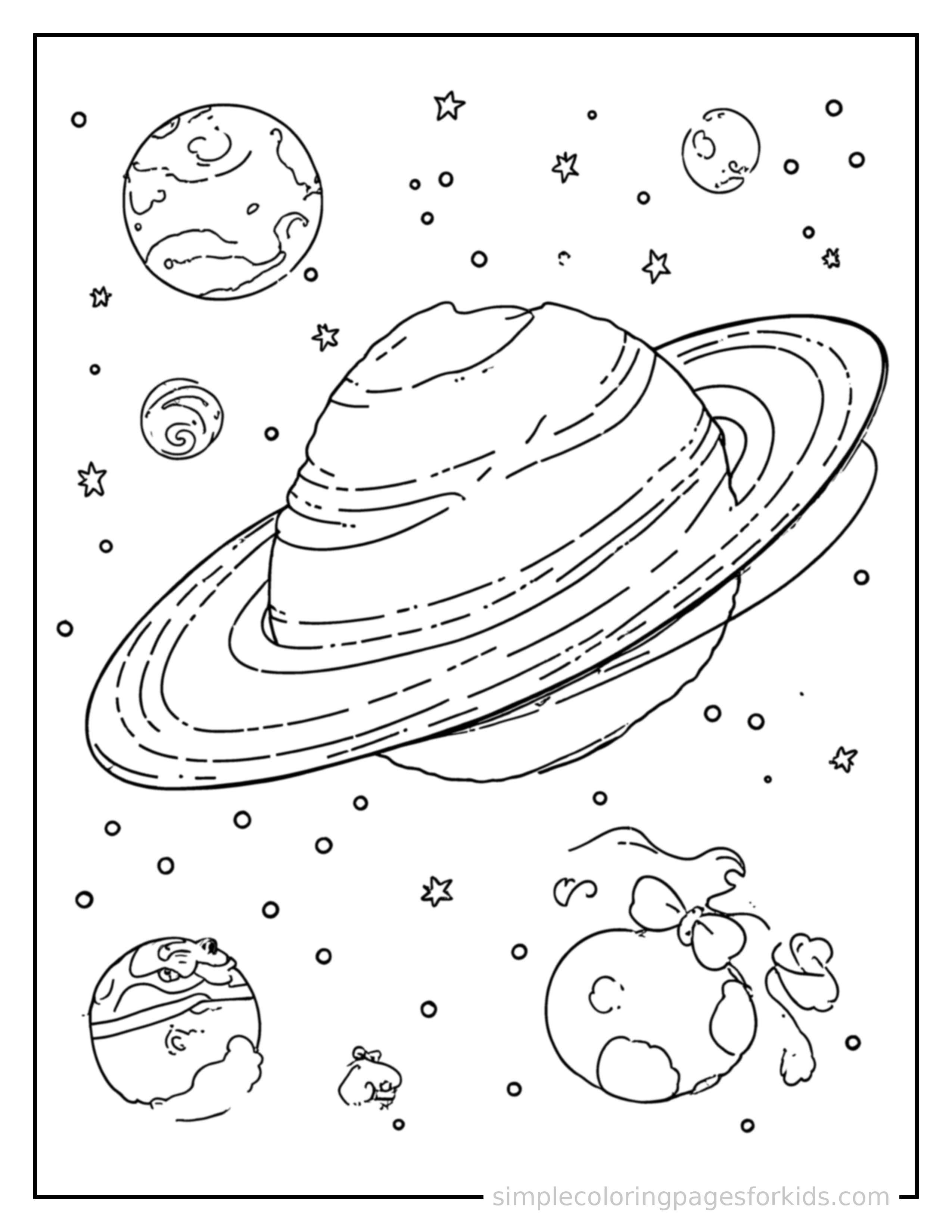 Free printable solar system with planets coloring page featuring a cute solar system with planets, decorated with a simple bow or ribbon for a festive touch.