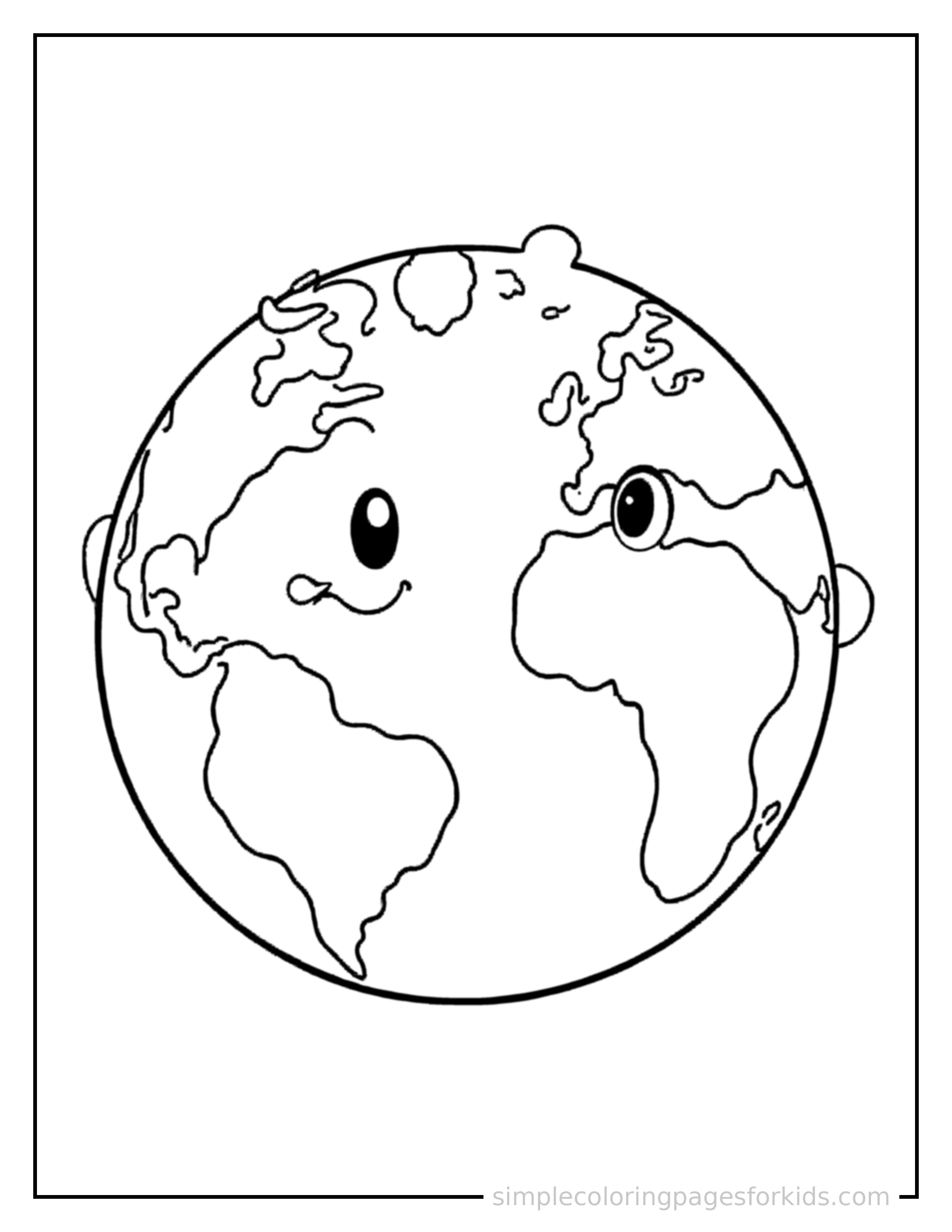 Free printable planet earth coloring page featuring a cute planet Earth, shown as a simple central illustration with a cute smiling face.