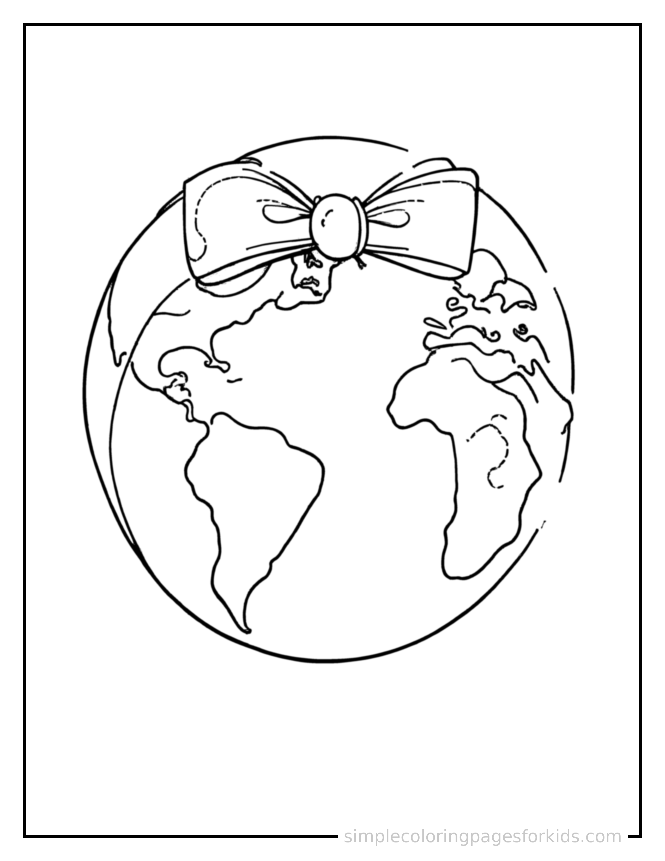 Free printable planet earth coloring page featuring a cute planet Earth, decorated with a simple bow or ribbon for a festive touch.