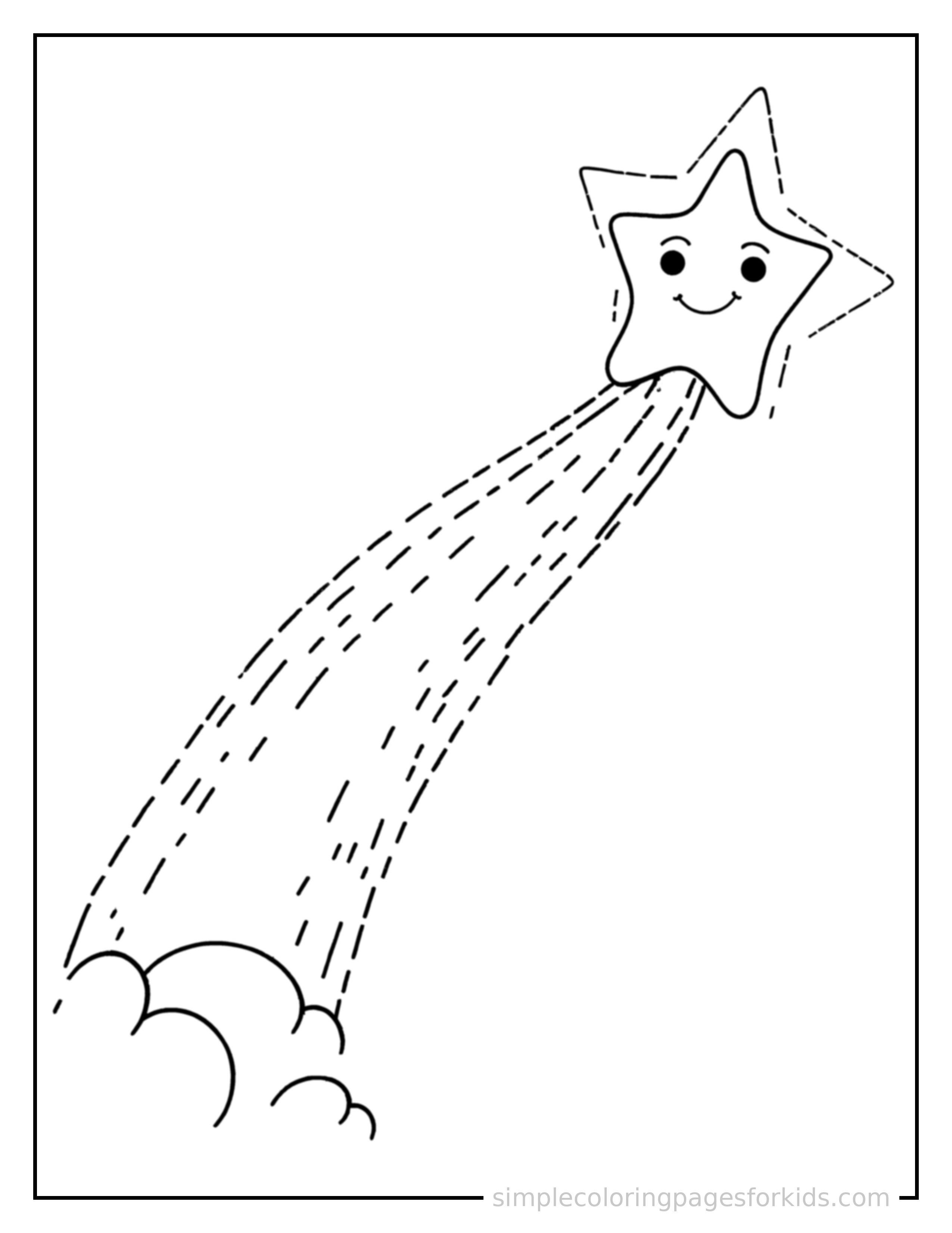 Free printable shooting star streaking across the sky coloring page featuring a cute shooting star streaking across the sky, shown as a simple central illustration with a cute smiling face.
