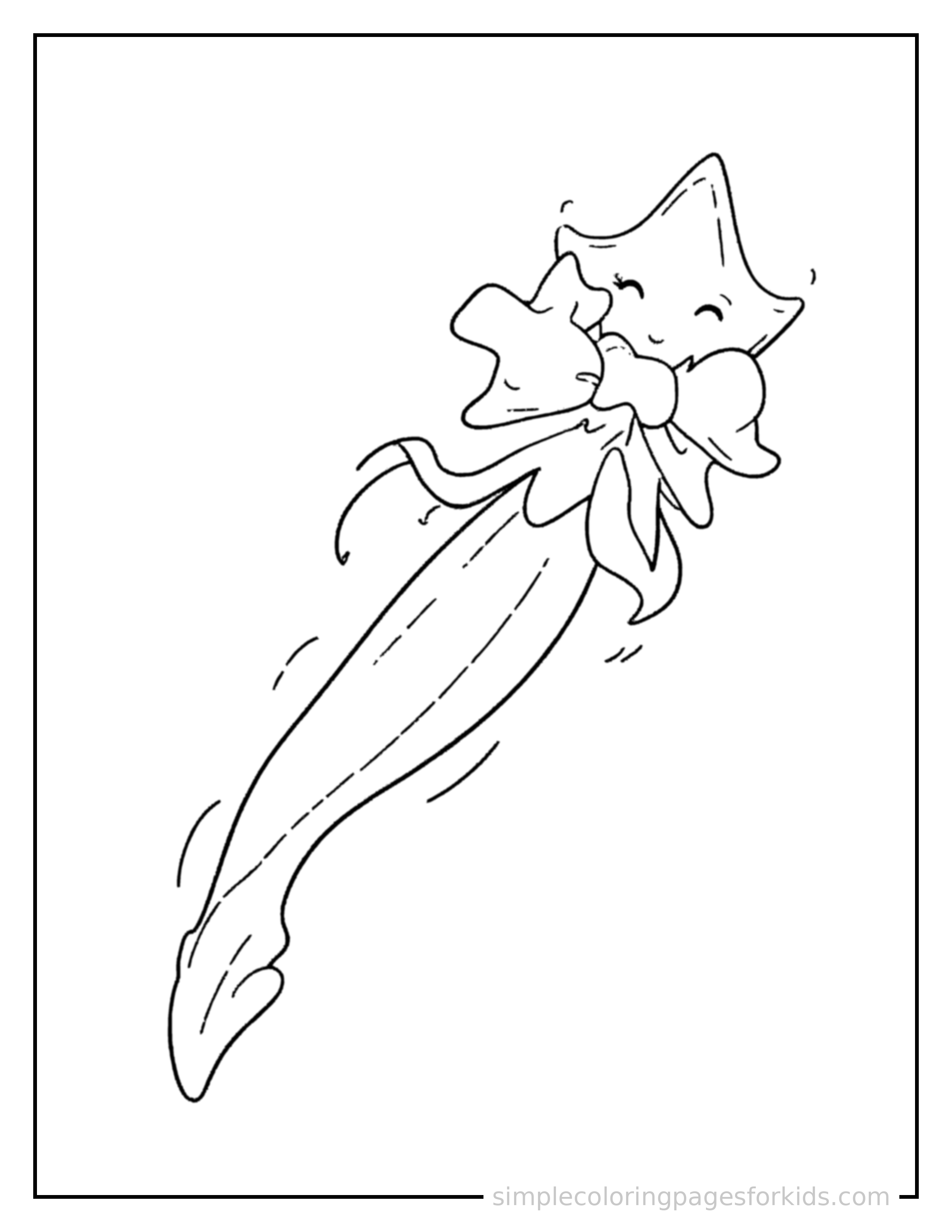 Free printable shooting star streaking across the sky coloring page featuring a cute shooting star streaking across the sky, decorated with a simple bow or ribbon for a festive touch.