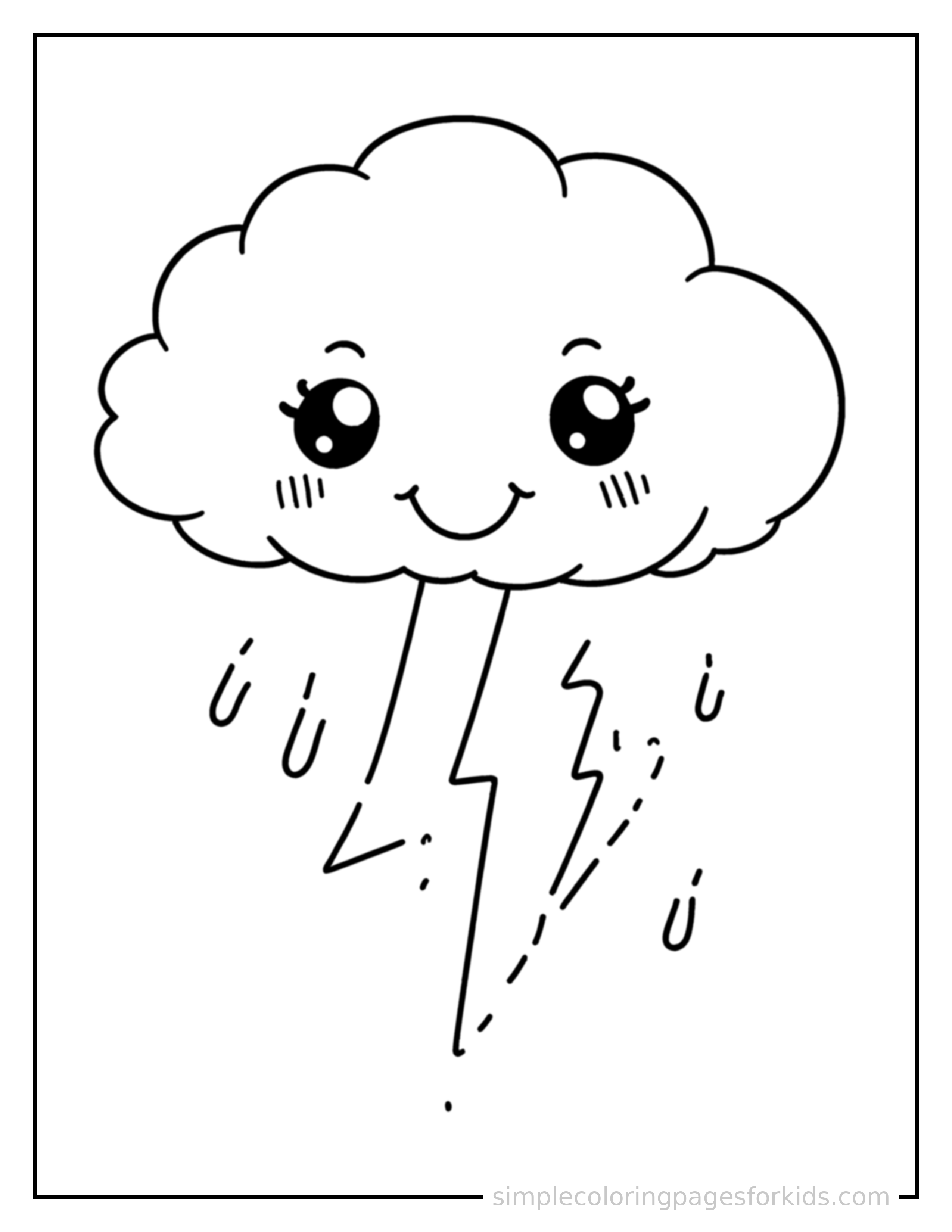 Free printable thunderstorm with clouds coloring page featuring a cute thunderstorm with clouds, shown as a simple central illustration with a cute smiling face.