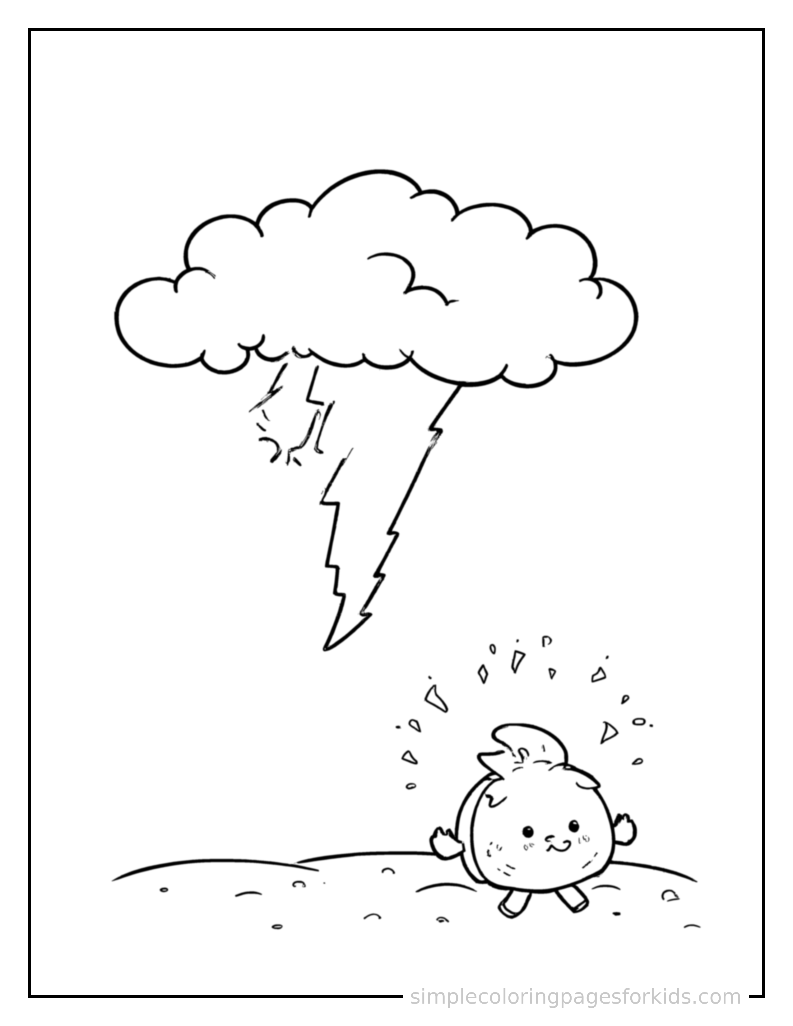 Free printable thunderstorm with clouds coloring page featuring a cute thunderstorm with clouds, shown with a smaller mini version of itself beside it.