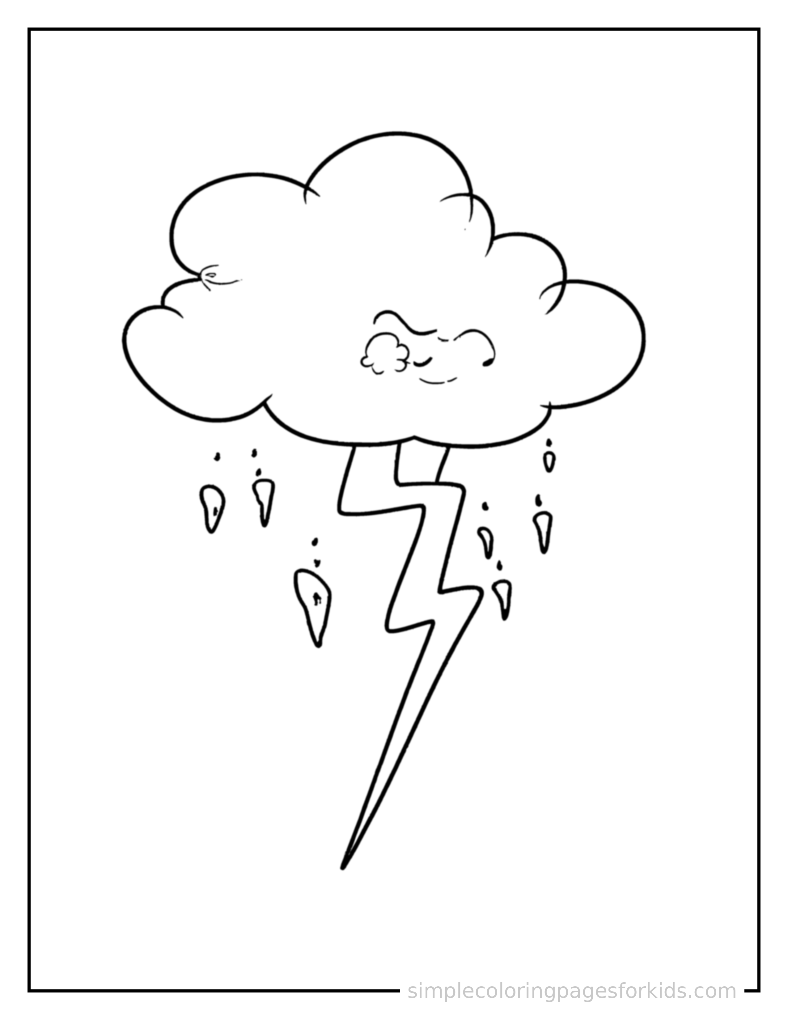 Free printable thunderstorm with clouds coloring page featuring a cute thunderstorm with clouds, decorated with a simple bow or ribbon for a festive touch.