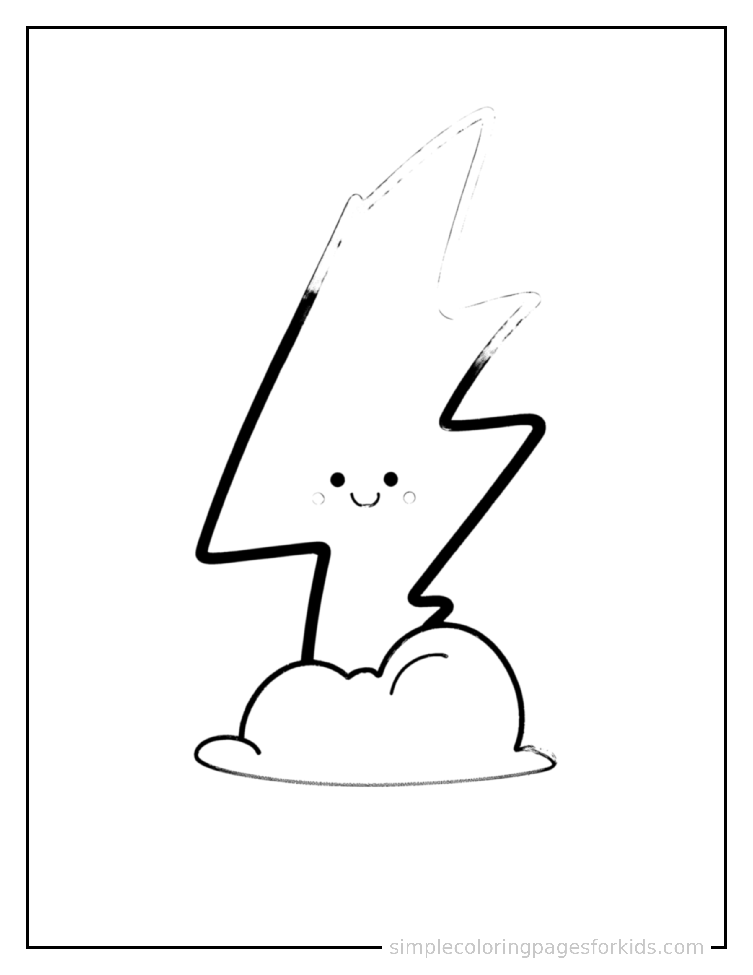 Free printable lightning bolt coloring page featuring a cute lightning bolt, shown as a simple central illustration with a cute smiling face.