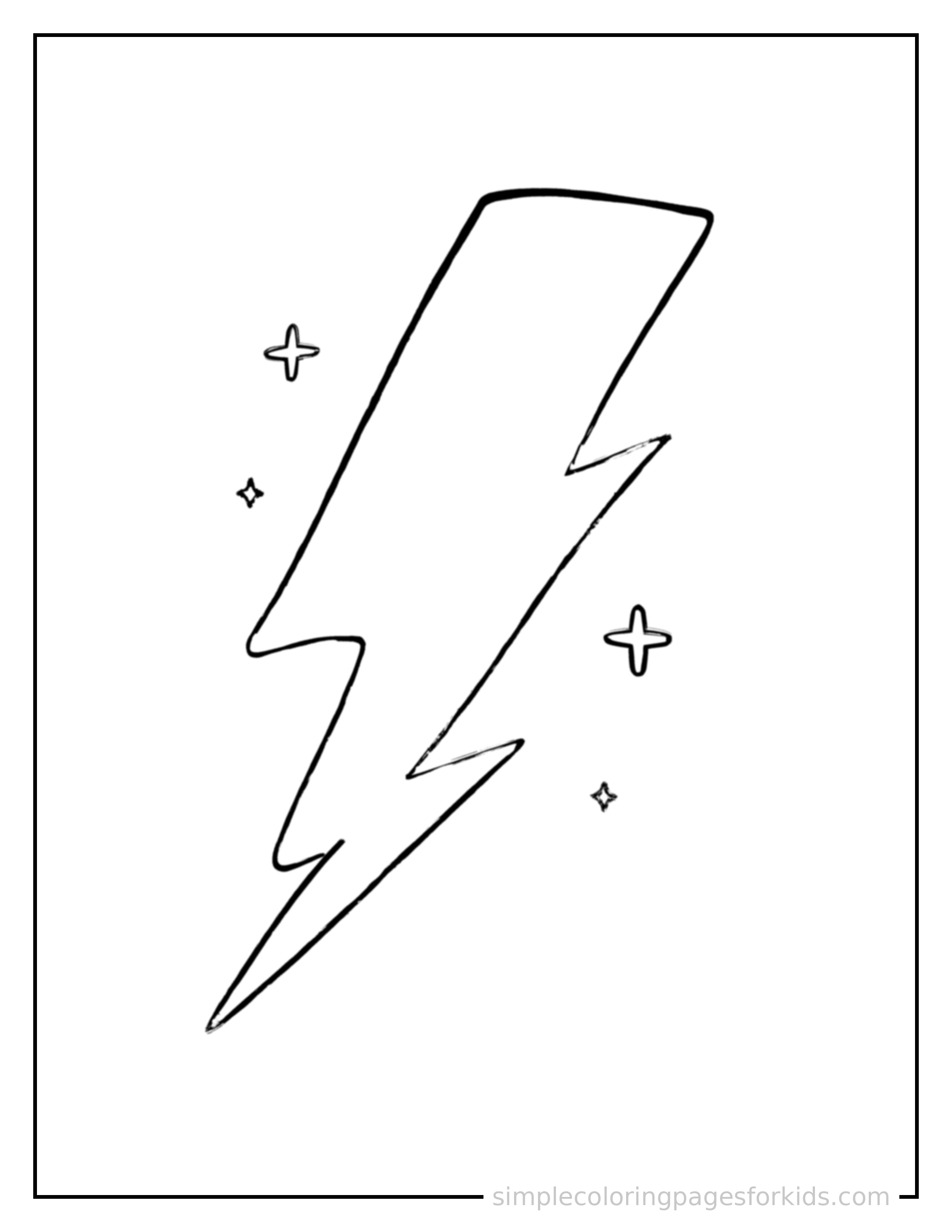 Free printable lightning bolt coloring page featuring a cute lightning bolt, shown from a slightly different angle with small decorative sparkle marks nearby.