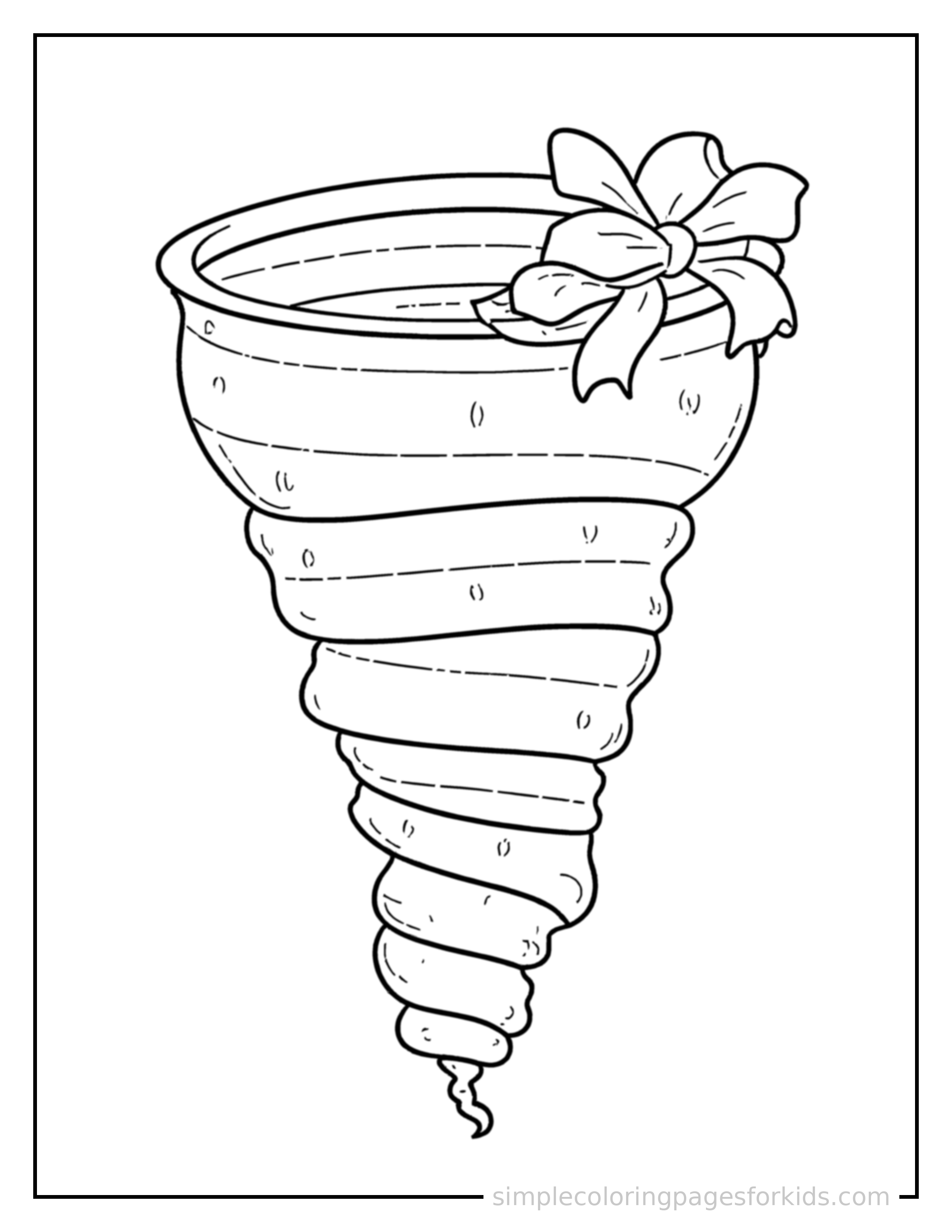 Free printable spinning tornado coloring page featuring a cute spinning tornado, decorated with a simple bow or ribbon for a festive touch.