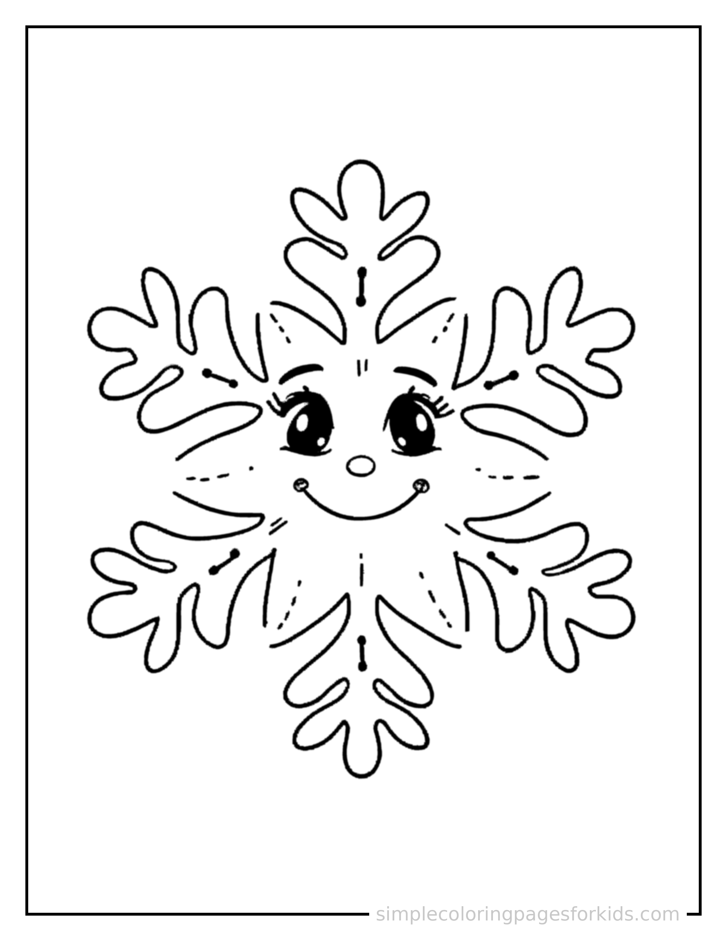 Free printable detailed snowflake coloring page featuring a cute detailed snowflake, shown as a simple central illustration with a cute smiling face.
