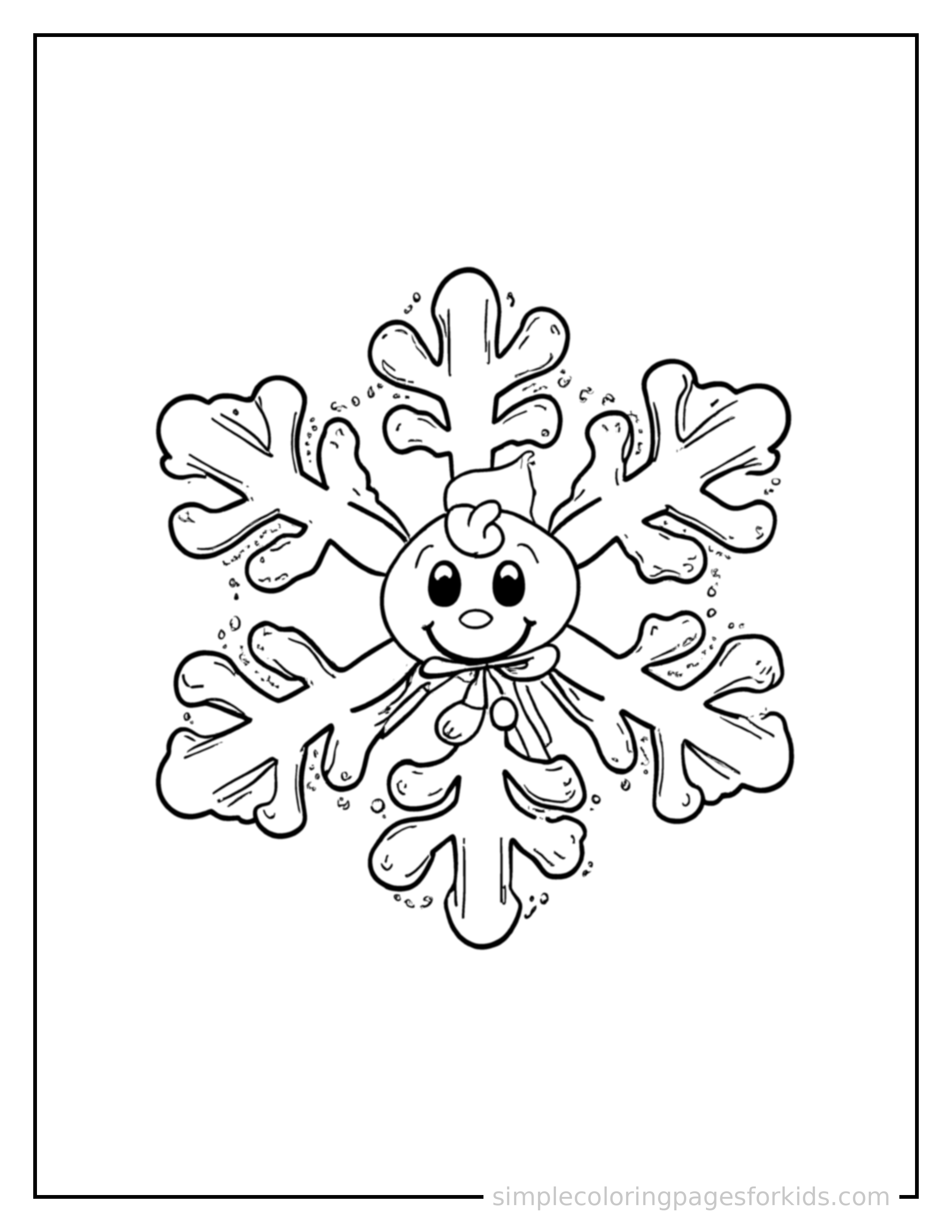 Free printable detailed snowflake coloring page featuring a cute detailed snowflake, decorated with a simple bow or ribbon for a festive touch.