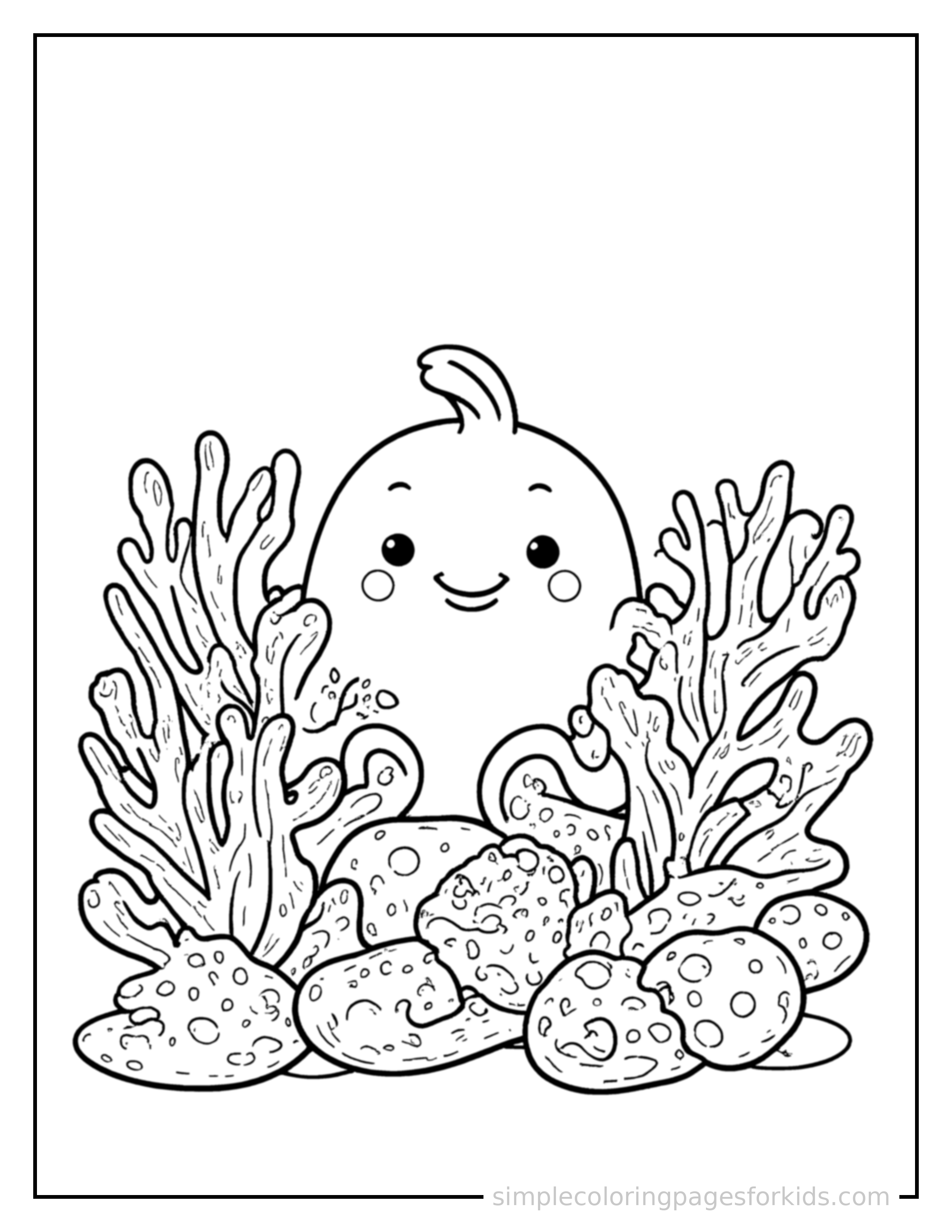 Free printable colorful coral reef coloring page featuring a cute colorful coral reef, shown as a simple central illustration with a cute smiling face.
