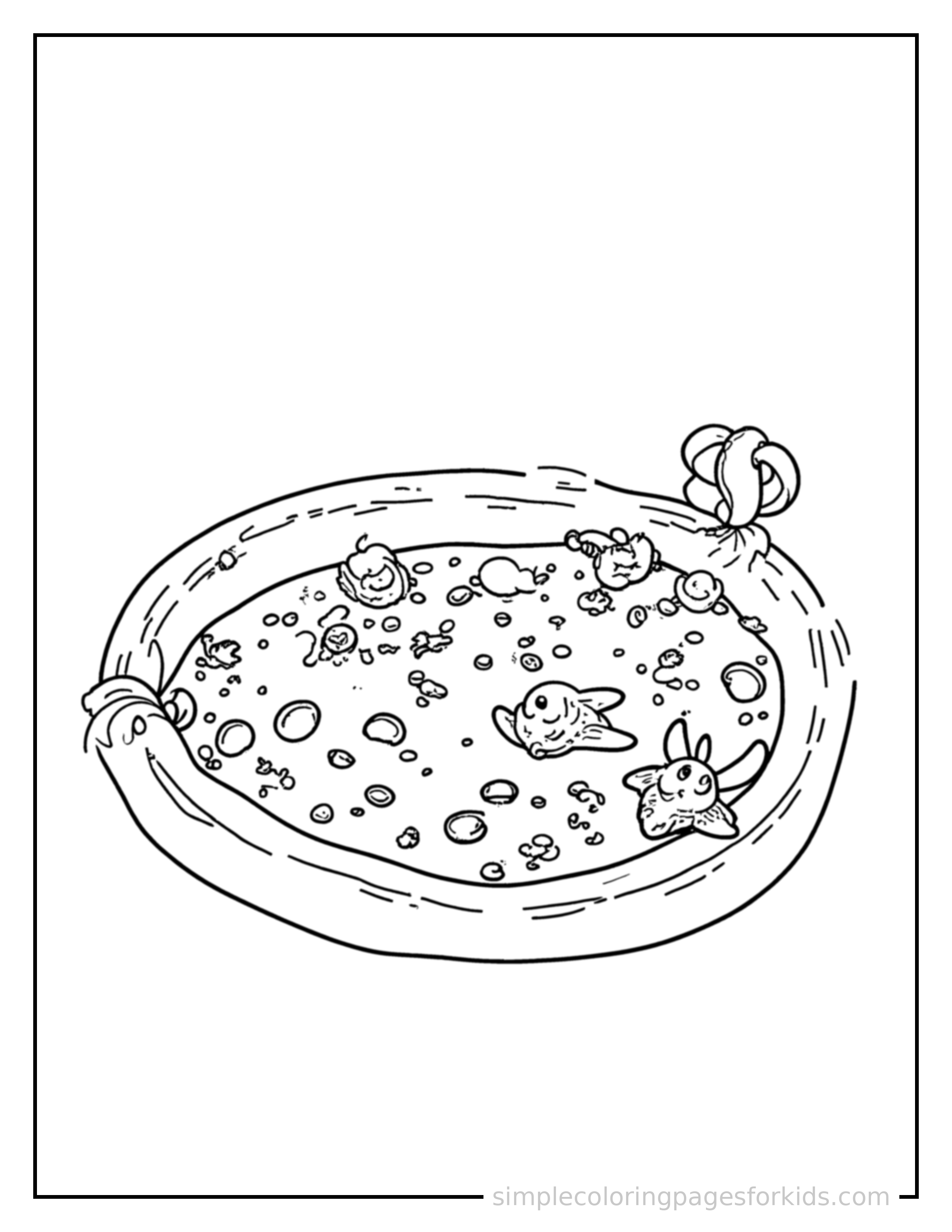Free printable tide pool with small sea creatures coloring page featuring a cute tide pool with small sea creatures, decorated with a simple bow or ribbon for a festive touch.