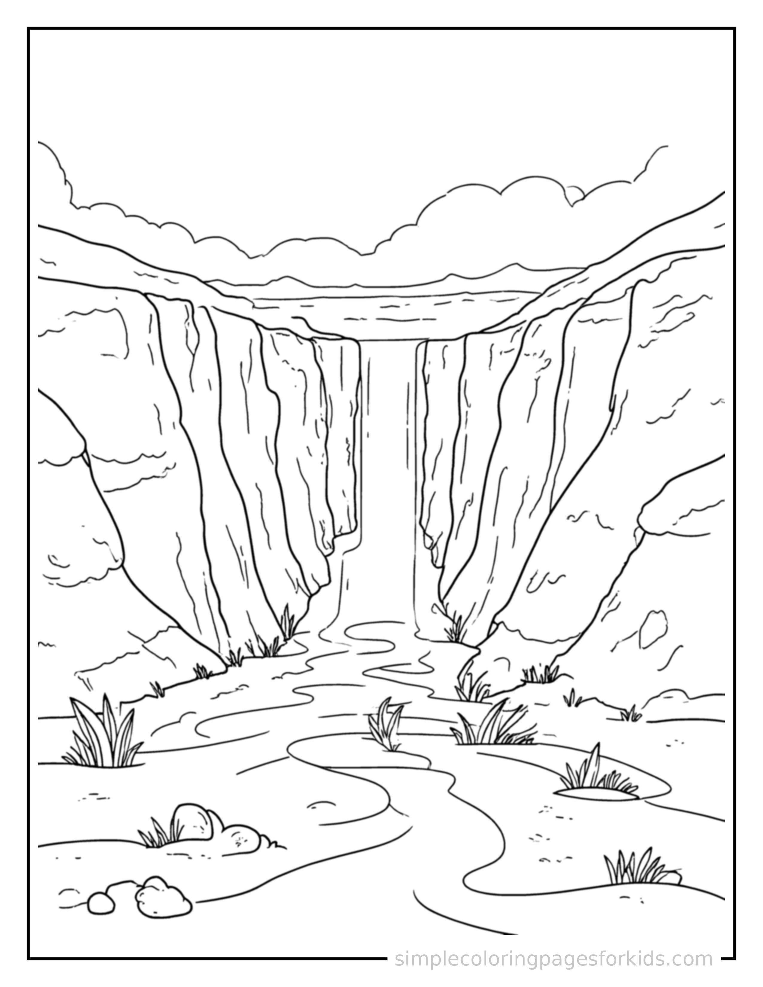 Free printable deep canyon coloring page featuring a cute deep canyon, shown from a slightly different angle with small decorative sparkle marks nearby.