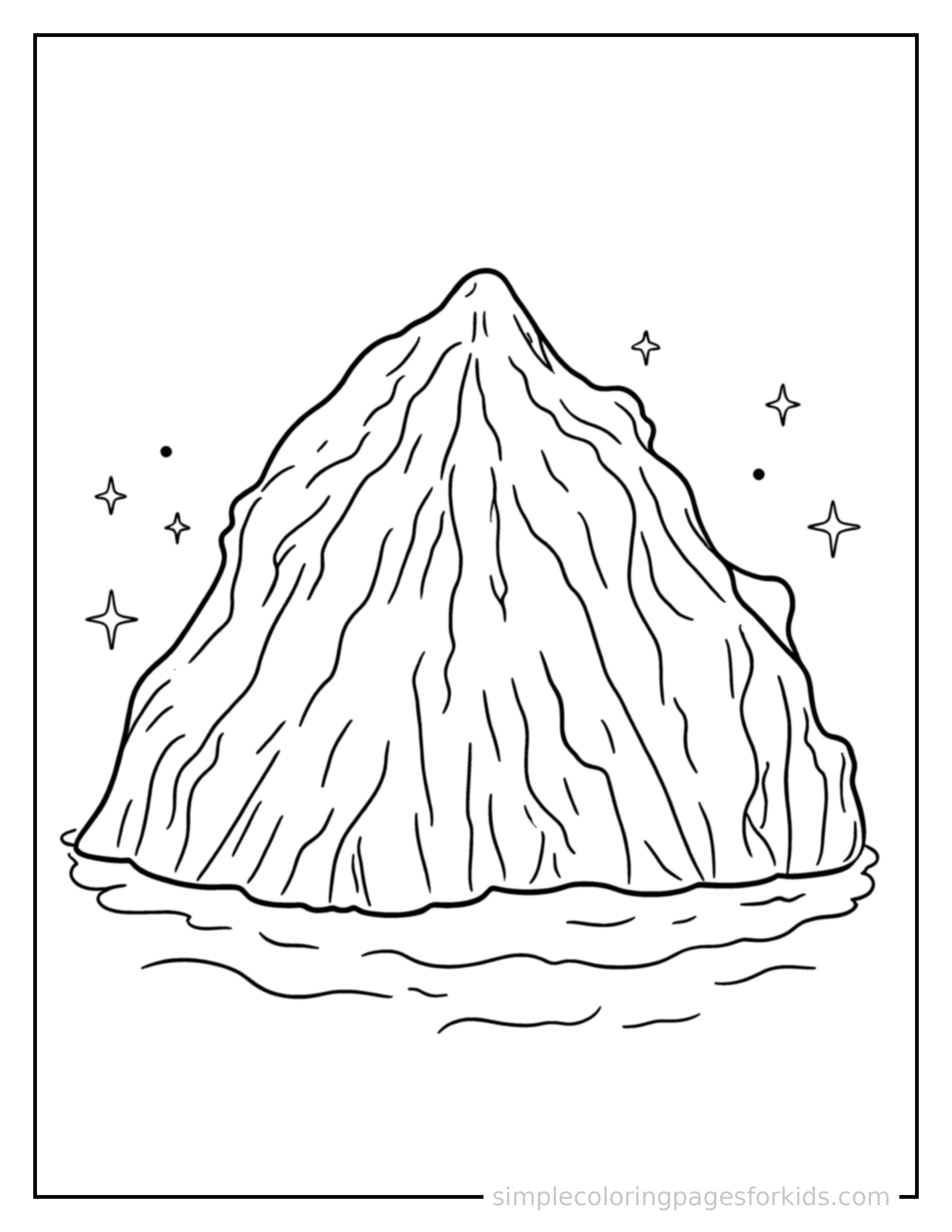 Free printable icy glacier coloring page featuring a cute icy glacier, shown from a slightly different angle with small decorative sparkle marks nearby.