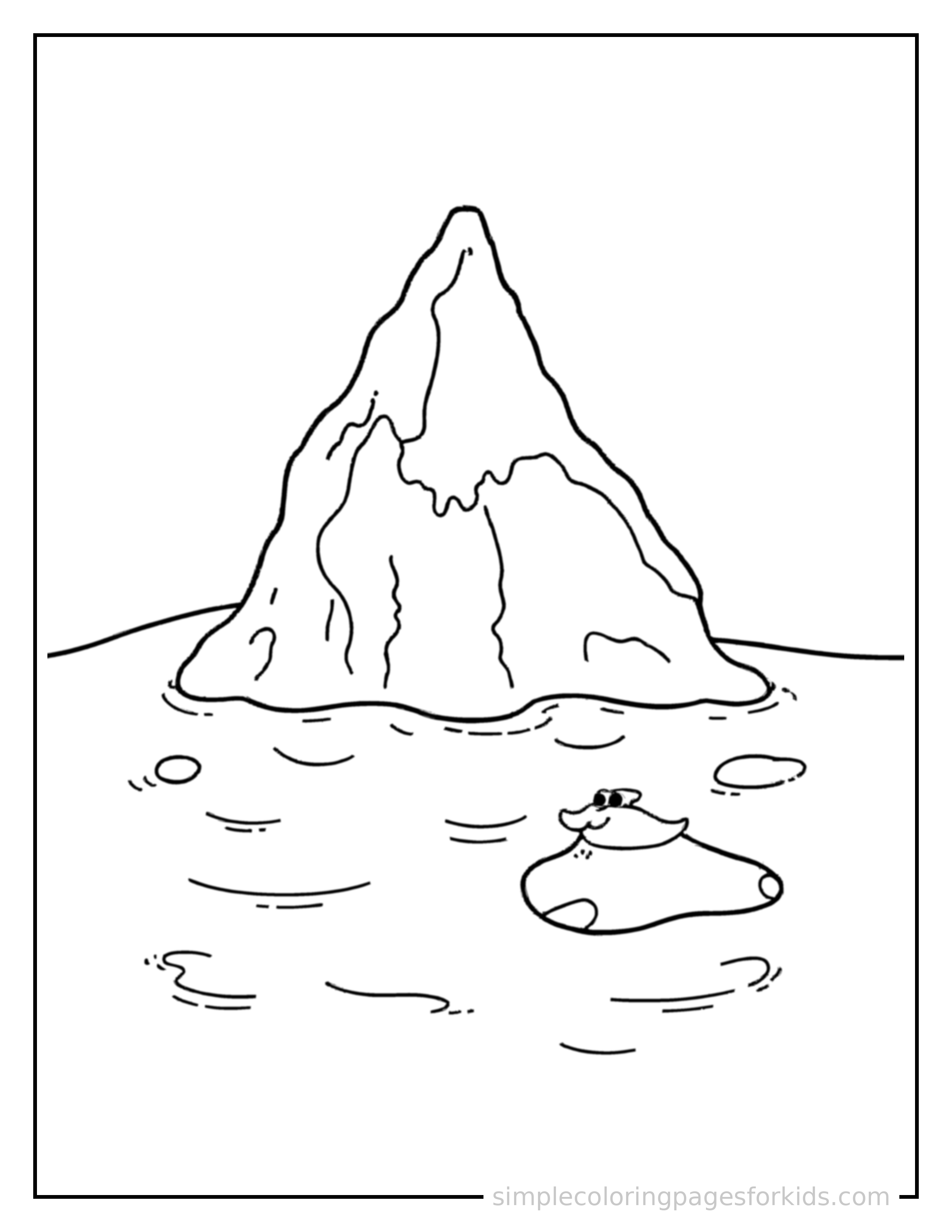 Free printable floating iceberg coloring page featuring a cute floating iceberg, shown with a smaller mini version of itself beside it.