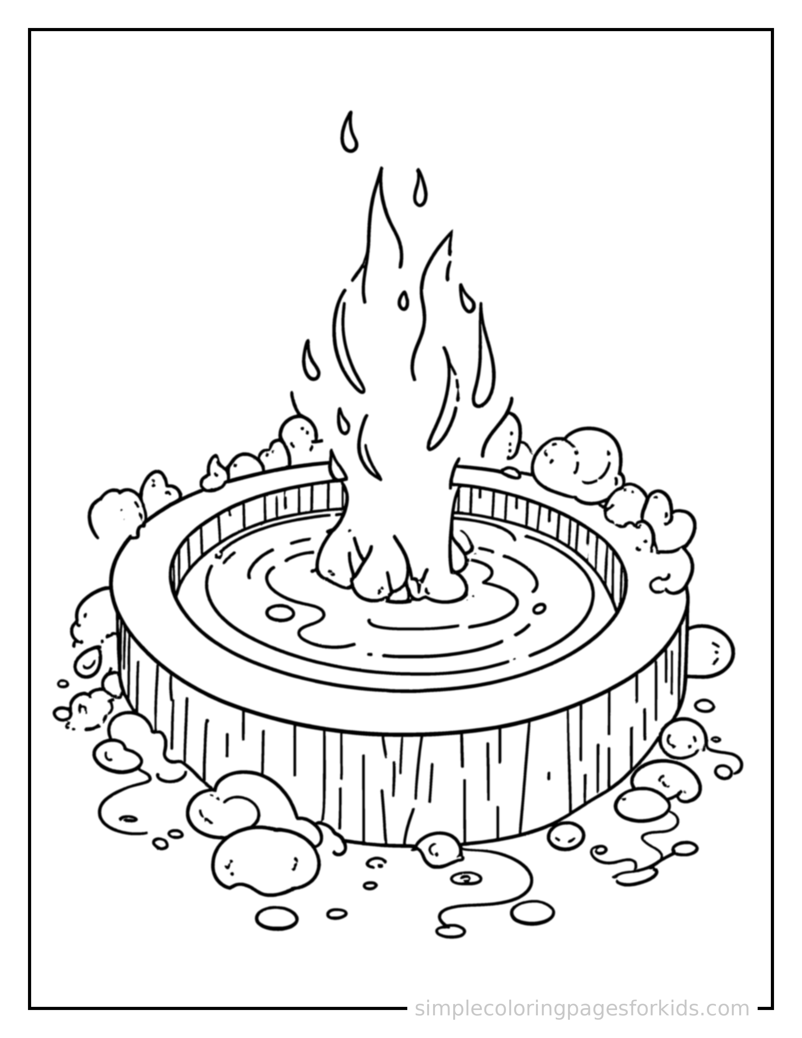 Free printable bubbling hot spring coloring page featuring a cute bubbling hot spring, shown from a slightly different angle with small decorative sparkle marks nearby.
