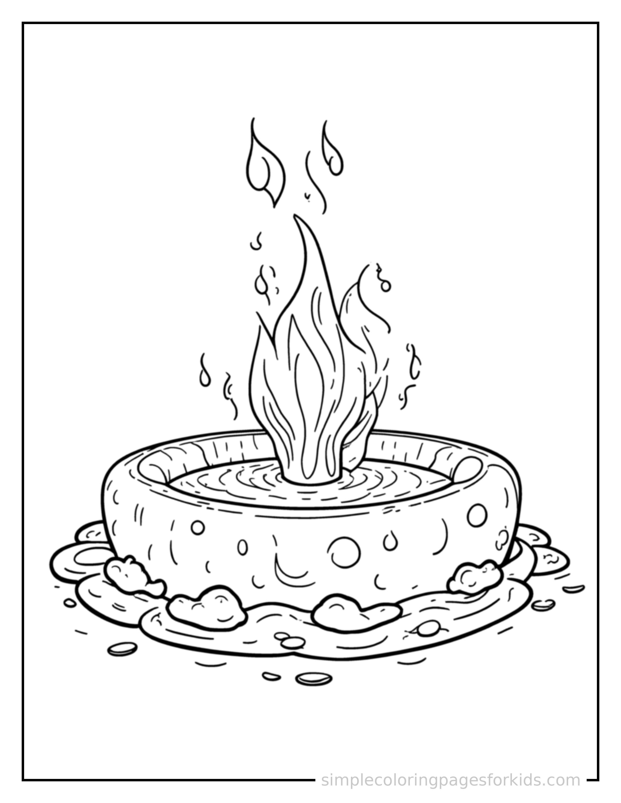 Free printable bubbling hot spring coloring page featuring a cute bubbling hot spring, decorated with a simple bow or ribbon for a festive touch.