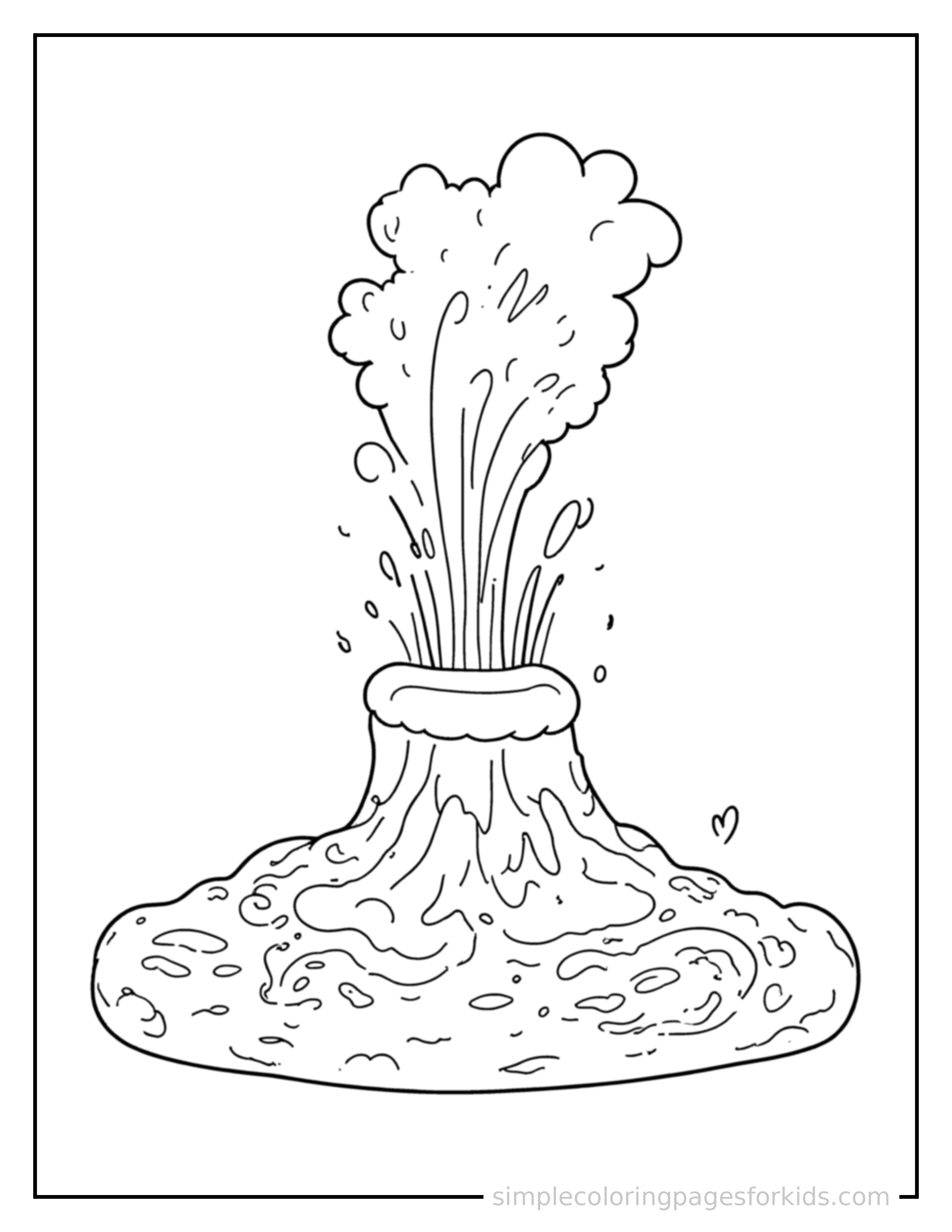 Free printable erupting geyser coloring page featuring a cute erupting geyser, shown from a slightly different angle with small decorative sparkle marks nearby.