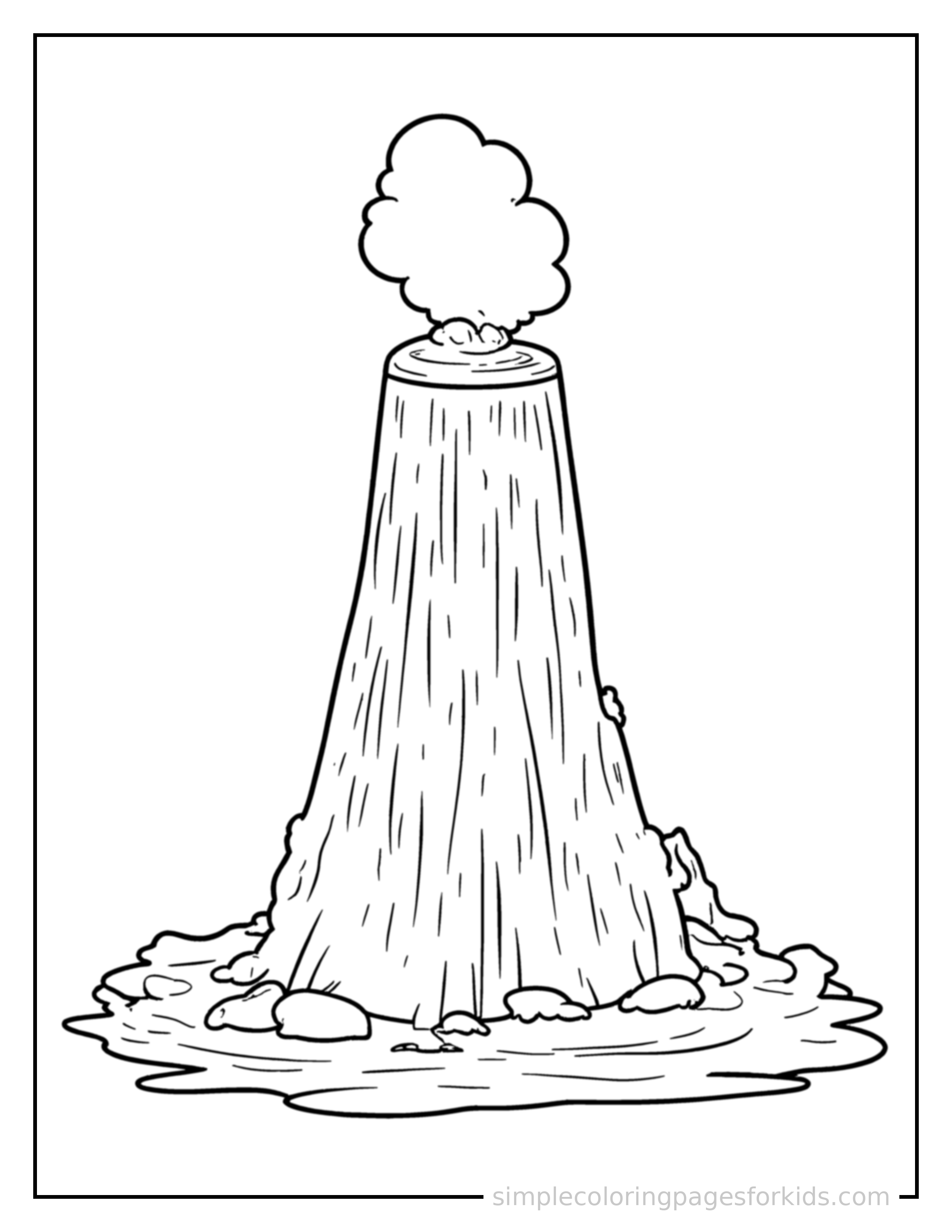 Free printable erupting geyser coloring page featuring a cute erupting geyser, shown with a smaller mini version of itself beside it.